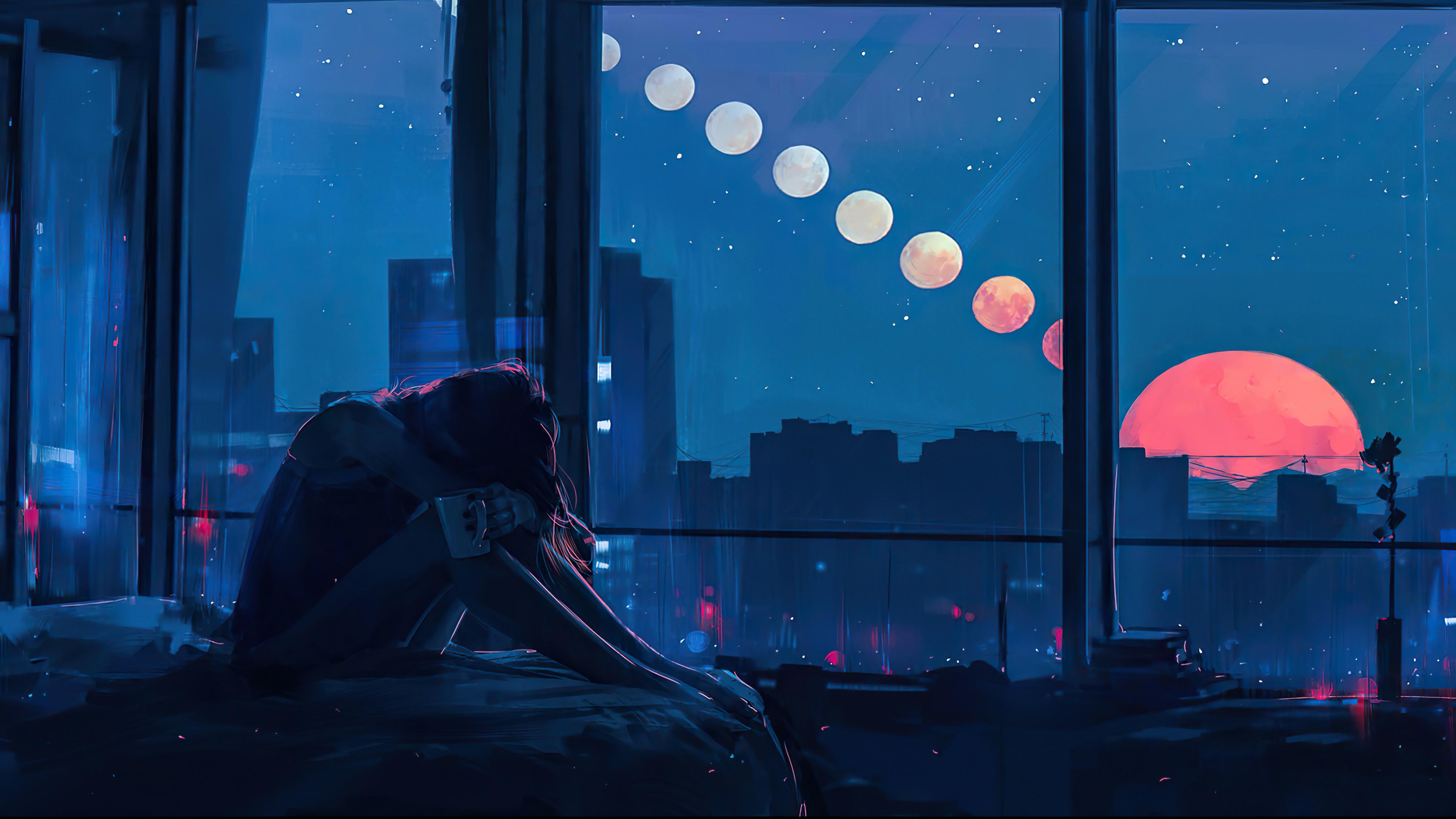 Girl sleeping among the blue sky, bright moon and stars, cartoon
