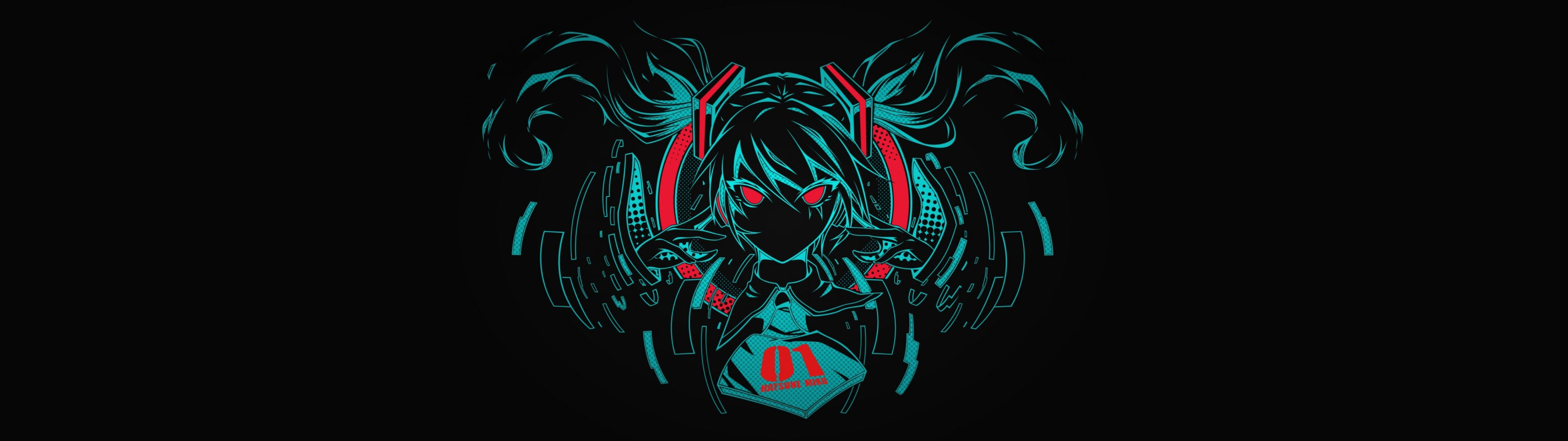 Anime 5120x1440 women Hatsune Miku anime girls twintails long hair looking at viewer simple background black background Vocaloid ultrawide
