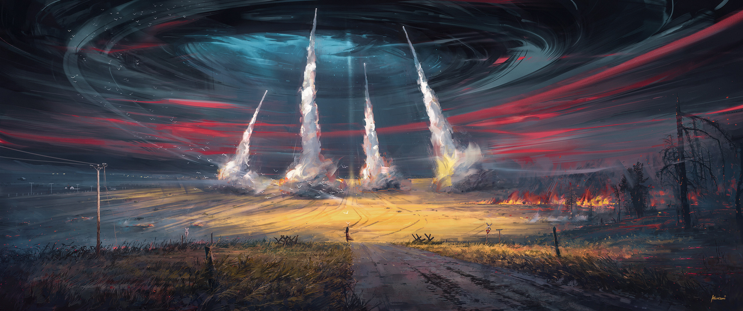 General 2560x1072 Aenami digital art artwork illustration landscape nature field missiles launching smoke birds fire watermarked