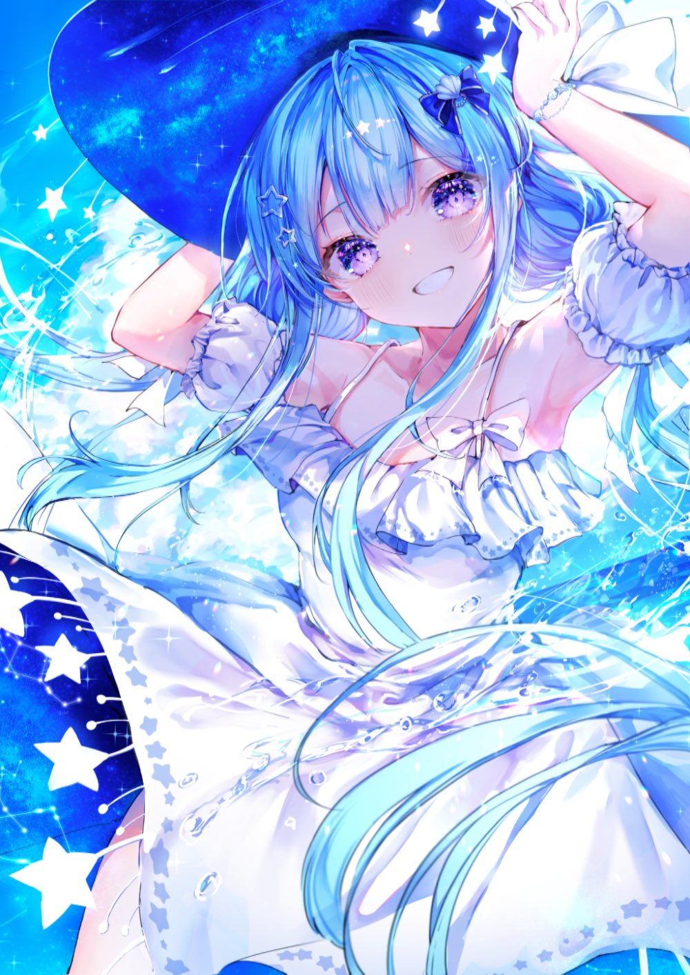 Anime 1000x1414 anime anime girls portrait display long hair blue hair blue eyes hat sky clouds looking at viewer dress armpits bow tie stars