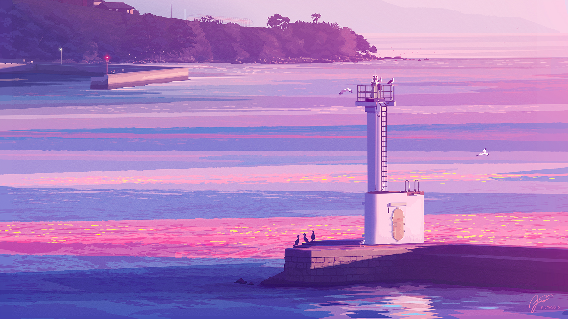 General 1920x1080 m26 digital art artwork illustration digital painting landscape nature sea water coast sunset watermarked breakwater