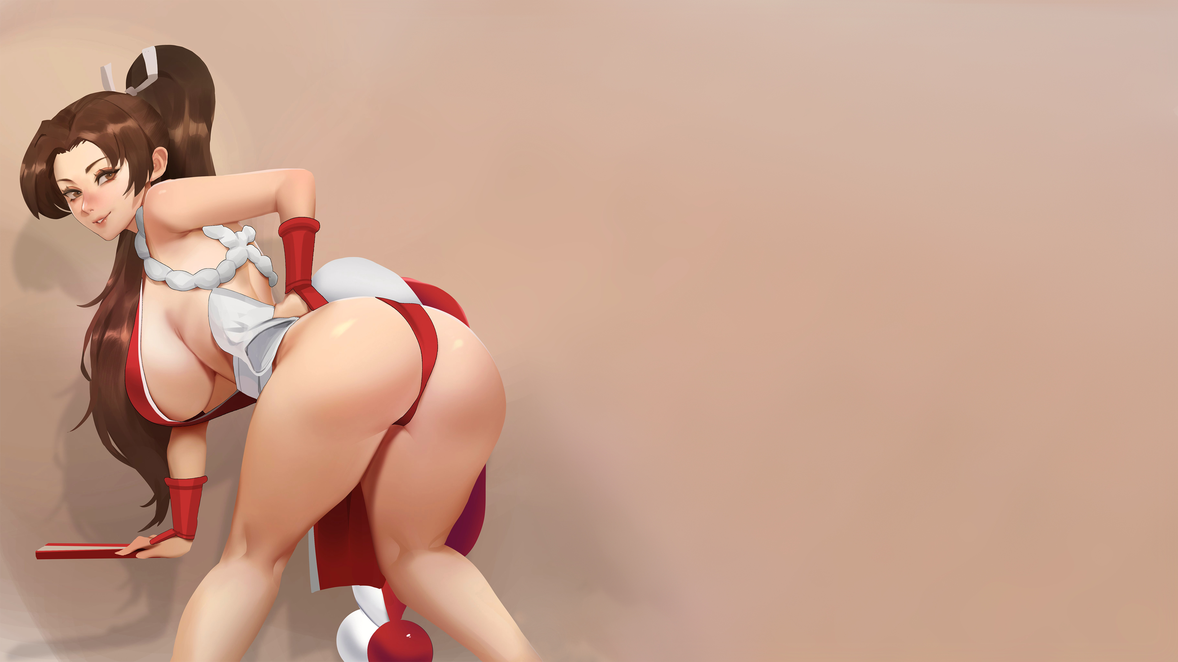 Anime 3840x2160 video games video game girls long hair ponytail bangs looking at viewer hips wide hips ass simple background Mai Shiranui ribbon white ribbon thighs thong red thong butt floss fans ropes bare shoulders sideboob hands on hips bracelets red bra Kunoichi crotch skirt loin cloth loincloth brown eyes leaning bent over SNK King of Fighters Fatal Fury boobs big boobs fighting games back