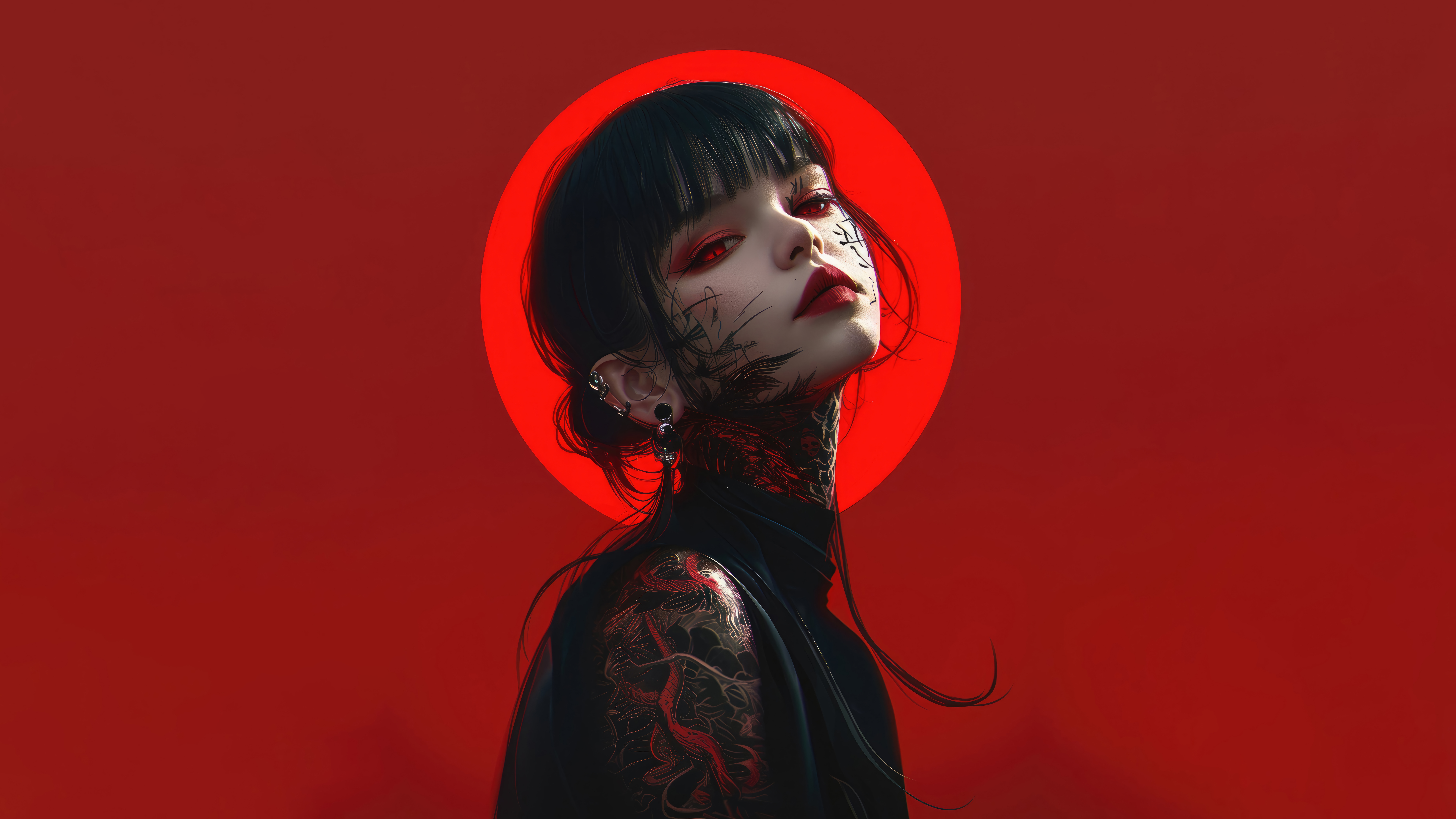 Anime 7680x4320 anime anime girls artwork concept art digital art digital glowing black clothing red red background AI art red eyes looking at viewer dark hair red lipstick tattoo earring
