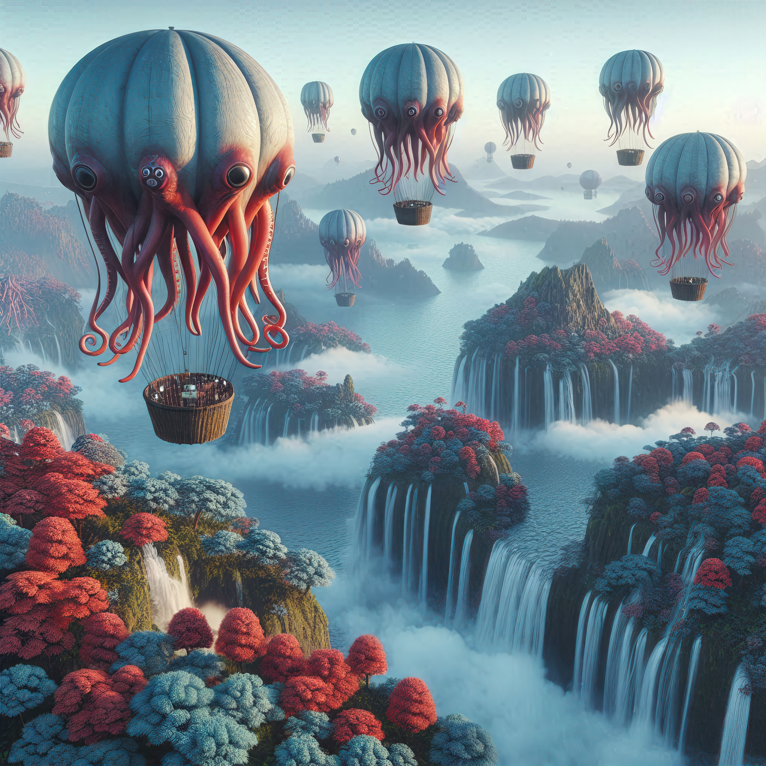 General 3200x3200 AI art fantasy art creature balloon octopus forest waterfall