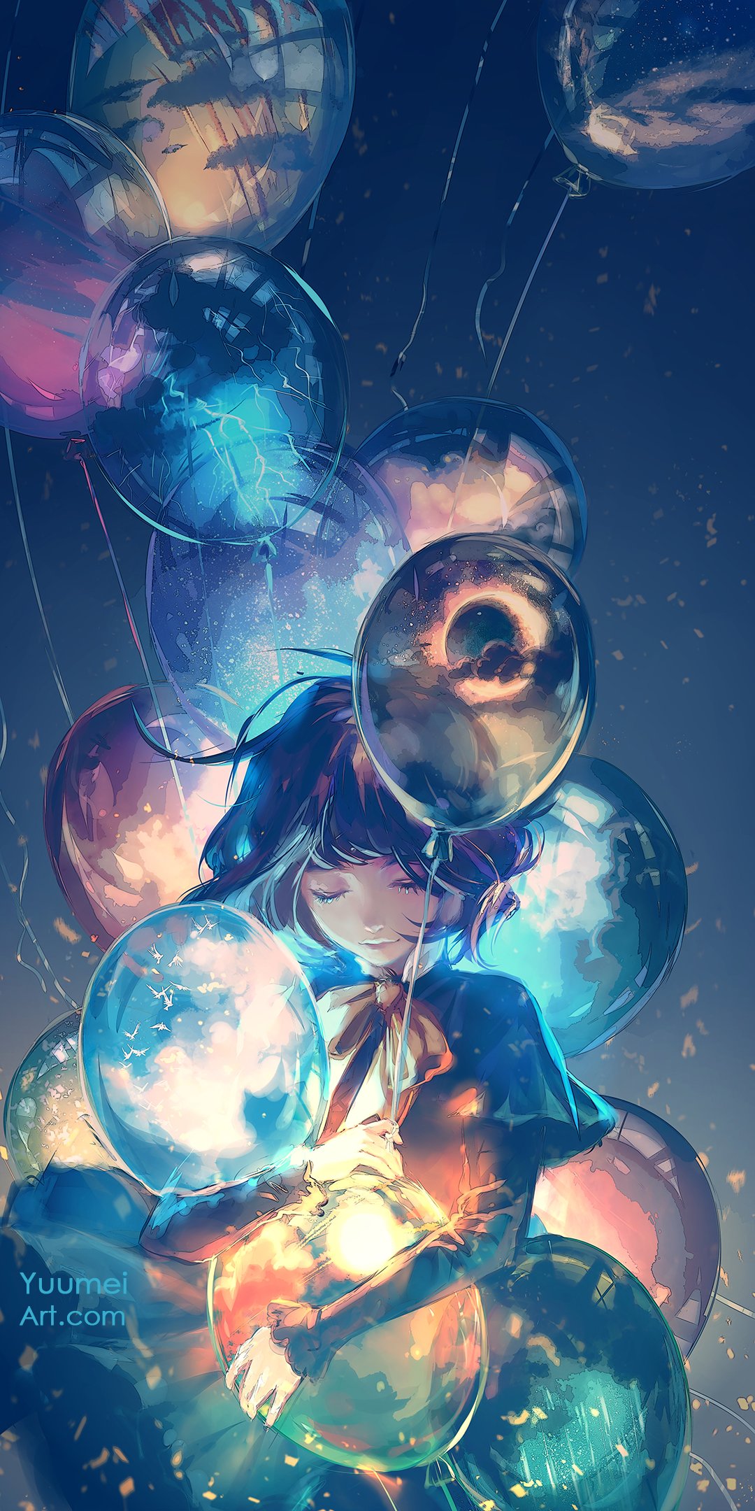 Anime 1080x2160 Yuumei portrait display closed mouth short hair simple background dress balloon long sleeves blunt bangs night sidelocks smiling closed eyes sky