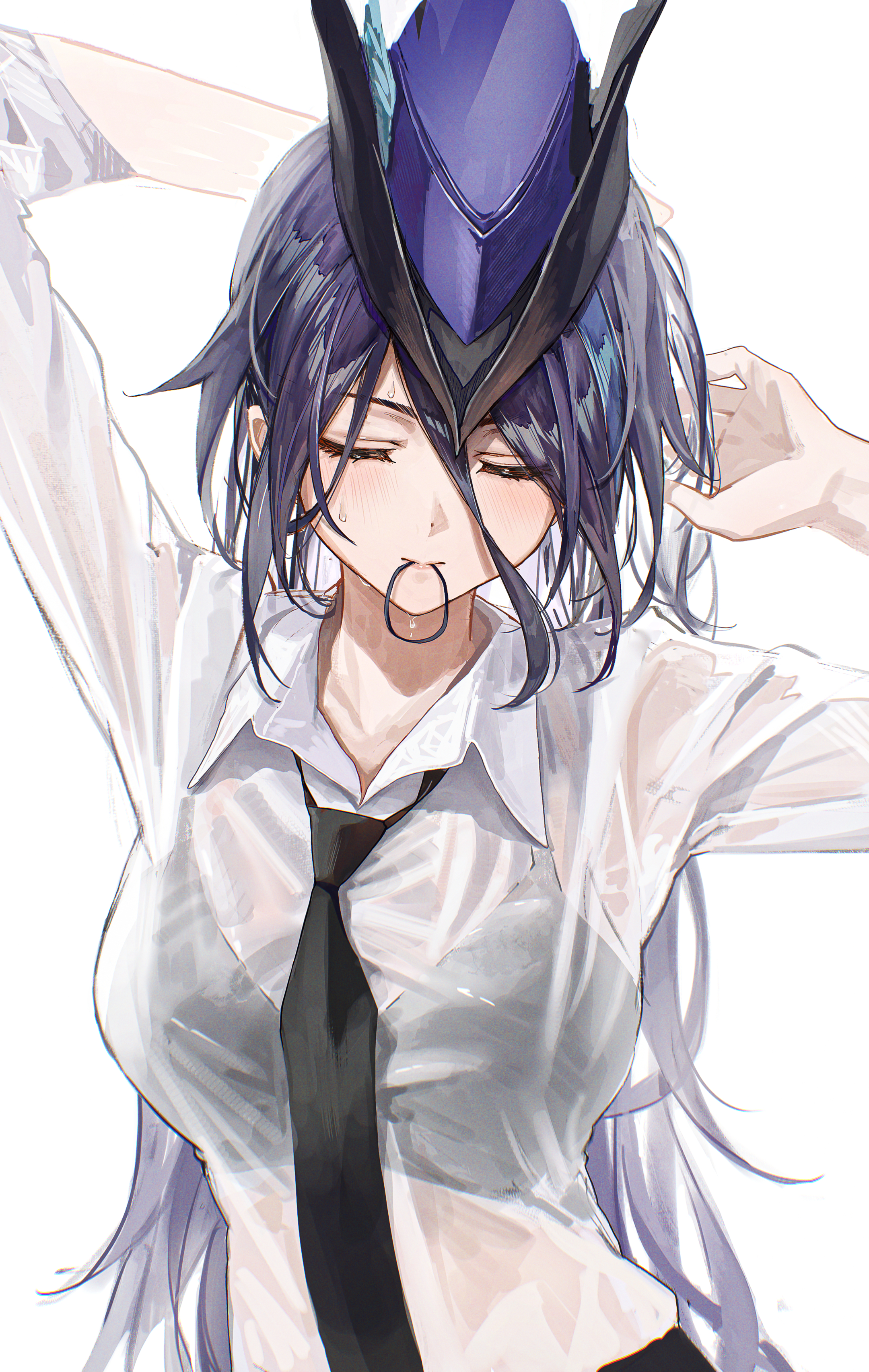 Anime 2160x3410 anime anime girls Hidulume Genshin Impact portrait display tricorne Clorinde (Genshin Impact) closed eyes long hair arm(s) behind head wet wet clothing necktie collared shirt bright white background arms up hat women with hats simple background skinny purple hair white shirt hand(s) in hair tie