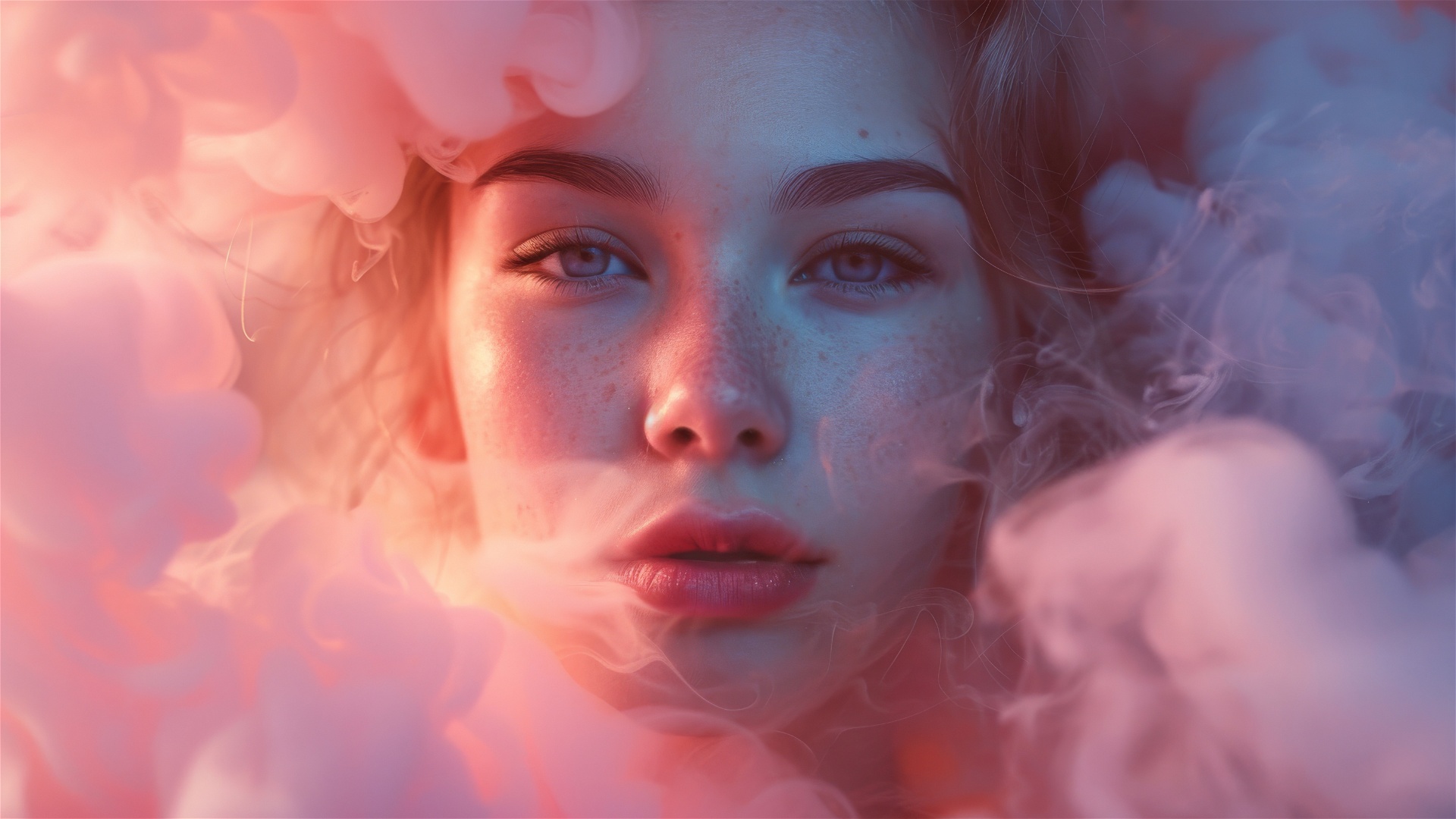 General 1920x1080 AI art pink smoke background smoke freckles brunette blue eyes