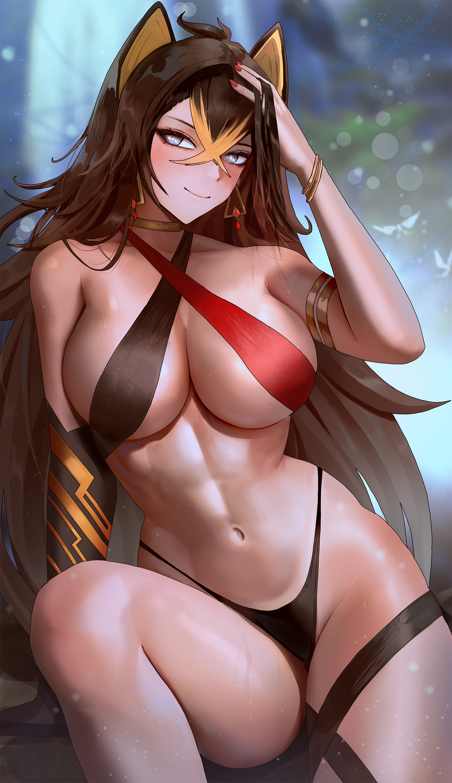 Anime 1500x2595 Genshin Impact long hair portrait display smiling Dehya (Genshin Impact) looking at viewer sitting huge breasts thigh strap hair between eyes armlet Jamesloves Art bracelets hand(s) in hair blue eyes cleavage sweaty body sweat wet bokeh vertical breast covering leg up belly button