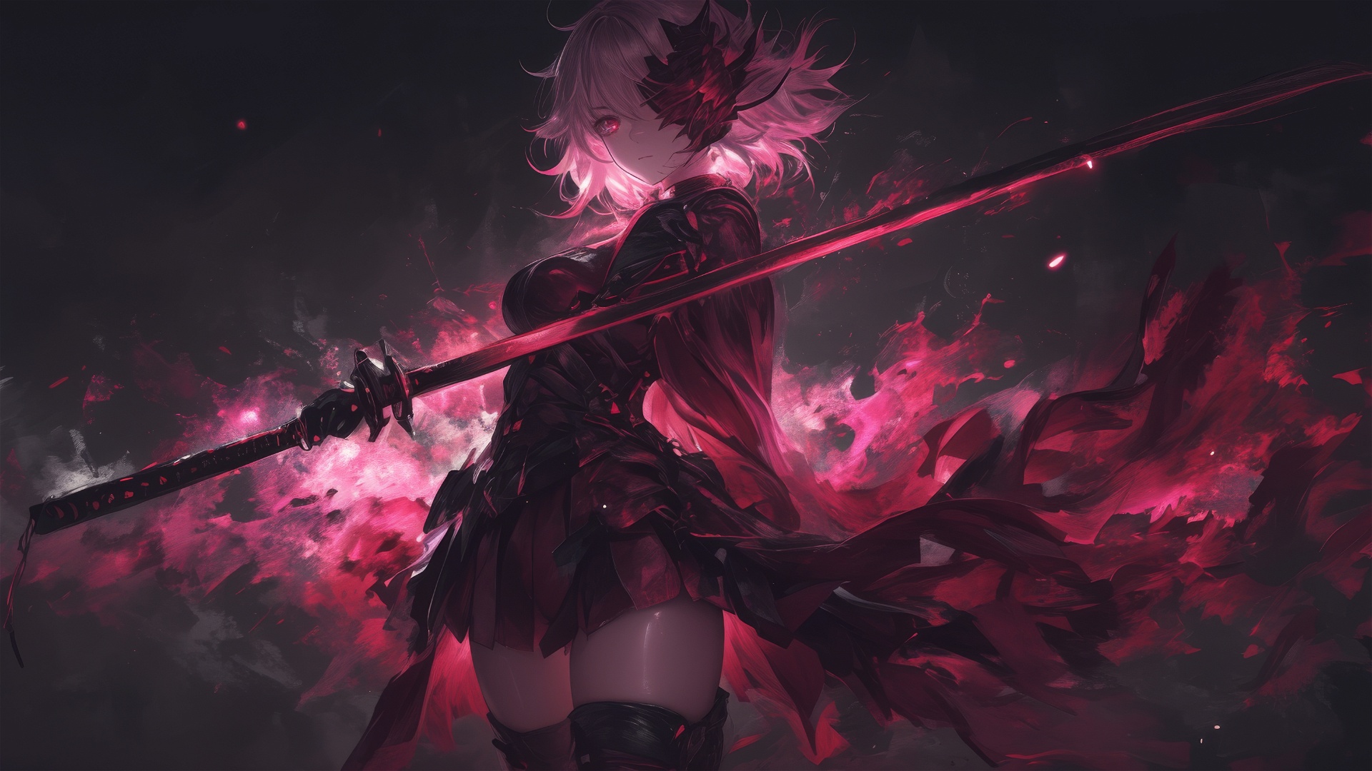 Anime 1920x1080 demon girls sword thigh high boots red eyes black background smoke smoke background white hair pink hair