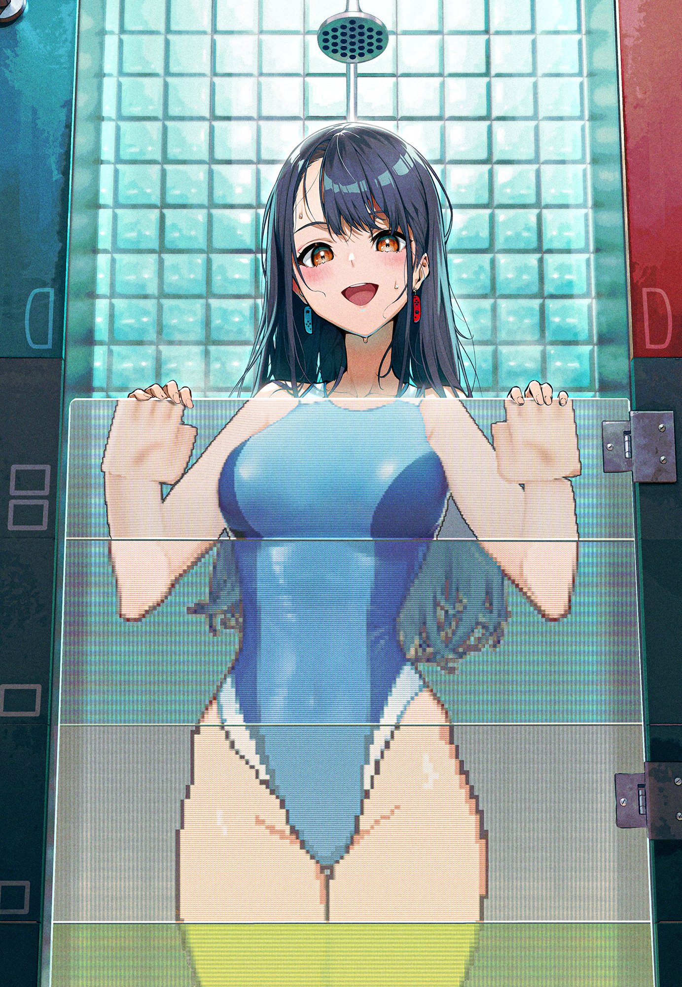 Anime 1383x2000 chest up in bathroom portrait display long hair anime girls swimwear one-piece swimsuit thighs looking at viewer blushing open mouth wet body the gap earring wet digital art dark hair orange eyes Nintendo 3DS GameBoy Color shower Nintendo Switch standing GameBoy Advance