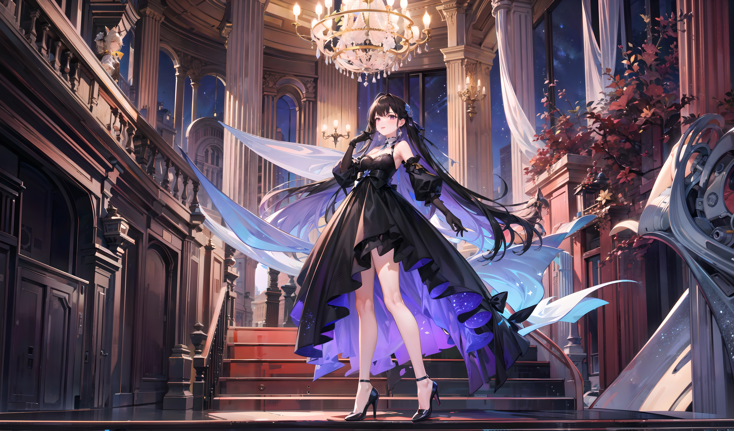 Anime 2944x1728 anime anime girls AI art looking at viewer indoors women indoors stairs chandeliers heels long hair candles flower in hair standing night frills window sky stars leaves digital art frill dress bare shoulders pointed toes pillar