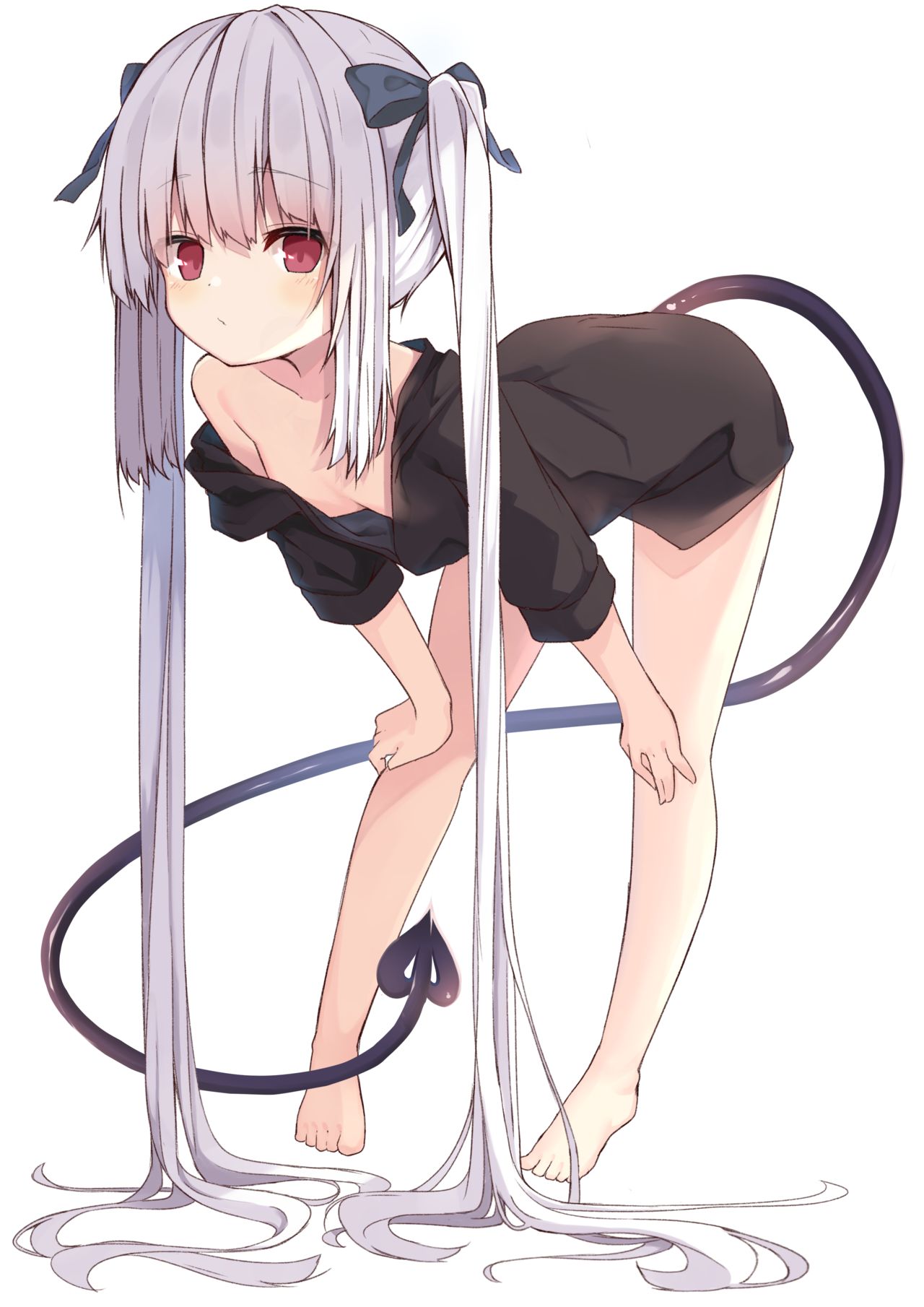 Anime 1280x1810 bent over Memekko anime girls tail red eyes looking at viewer portrait display standing simple background twintails minimalism small boobs long hair white background no bra hands on knees barefoot demon girls demon tail