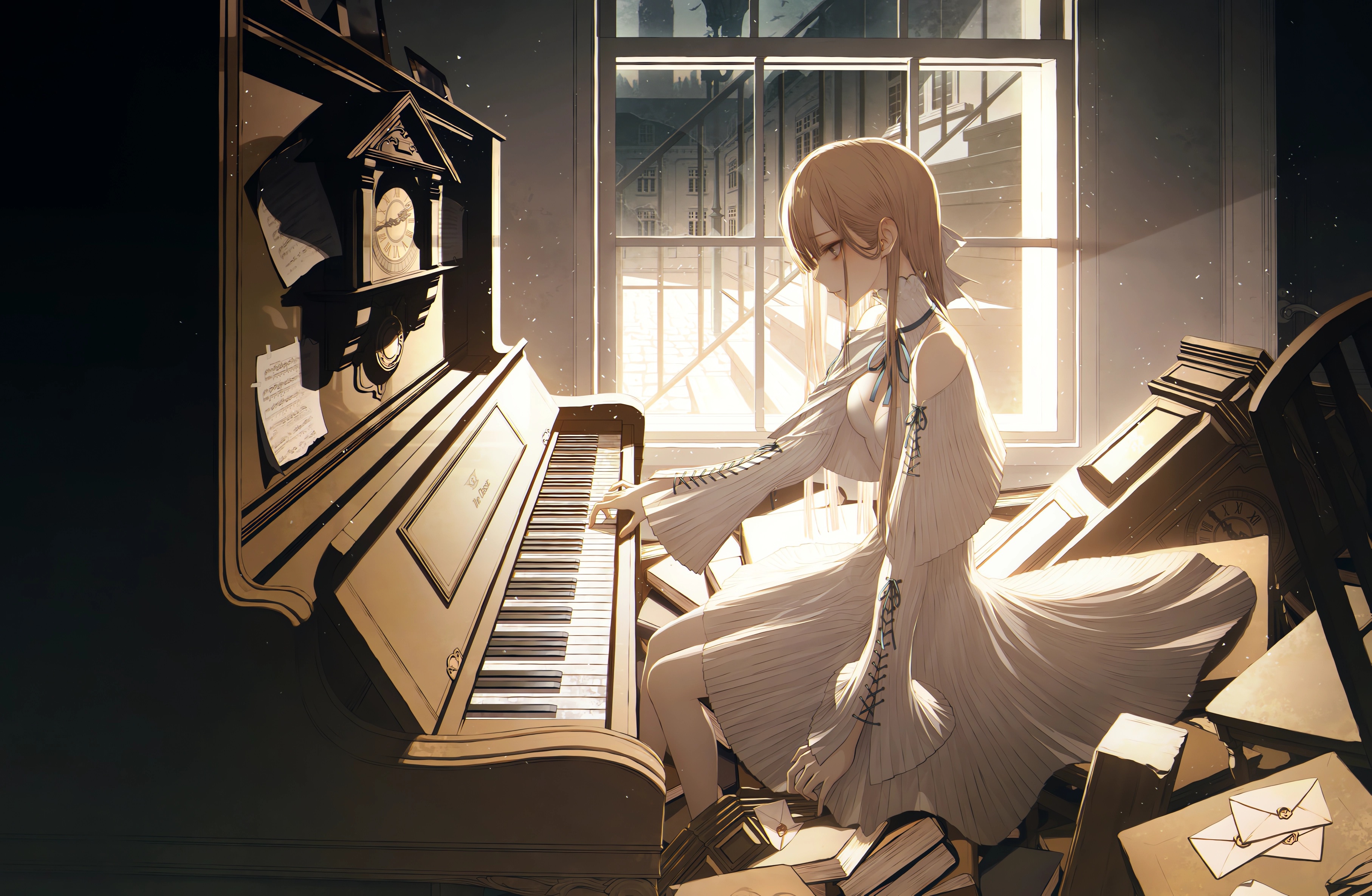 Anime 3630x2370 anime anime girls Pixiv original characters musical instrument piano sitting dress frills letter books paper window sunlight clocks long hair blonde blue eyes smiling stairs indoors women indoors cleavage