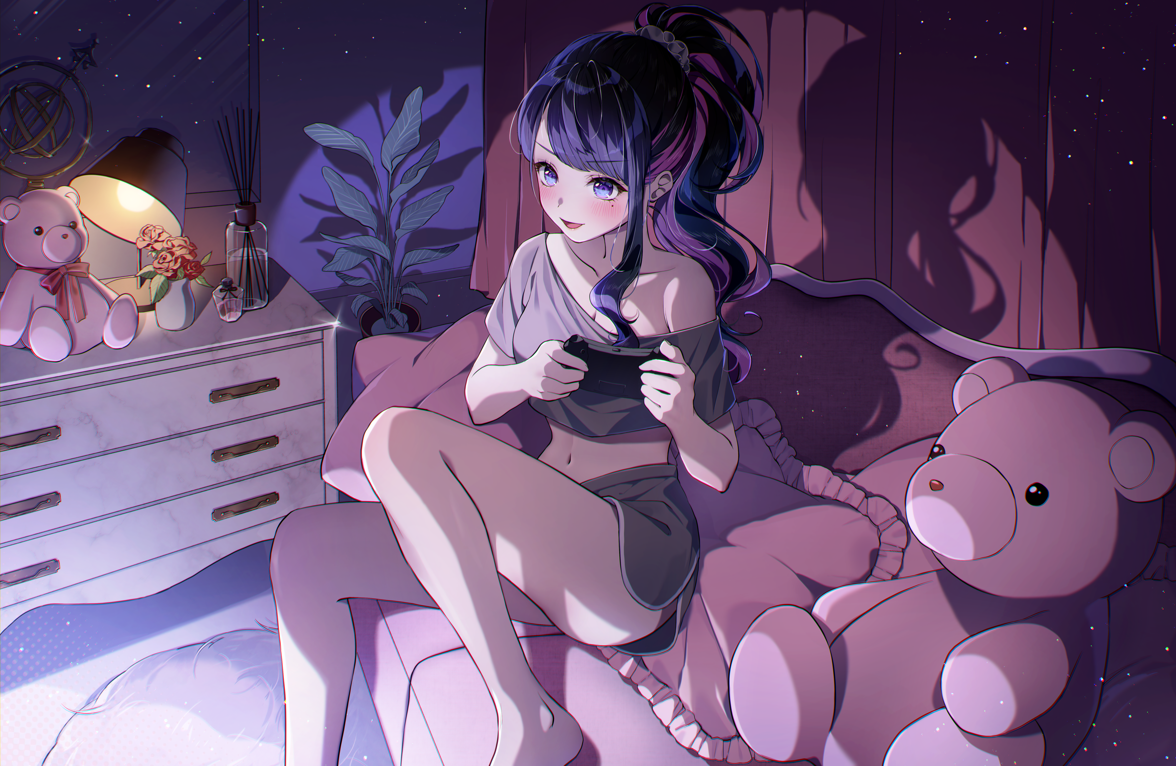 Anime 3997x2604 legs shorts room short shorts controllers ponytail smiling blushing teddy bears moles mole under eye belly belly button plants shadow lamp anime girls indoors women indoors Koinoya Mai sitting Virtual Youtuber