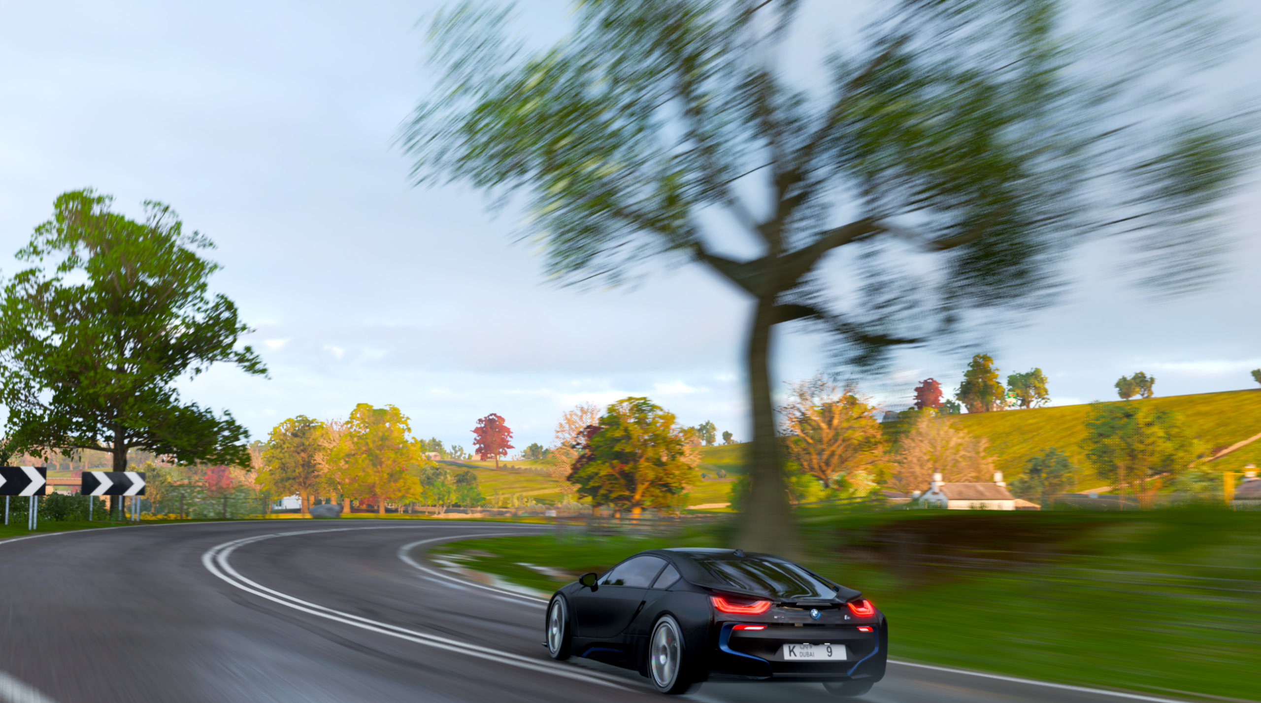 General 2560x1427 horizon line art BMW i8 taillights depth of field car motion blur rear view trees clouds sky driving BMW German cars hybrid (car) Forza Horizon 4 video games PlaygroundGames