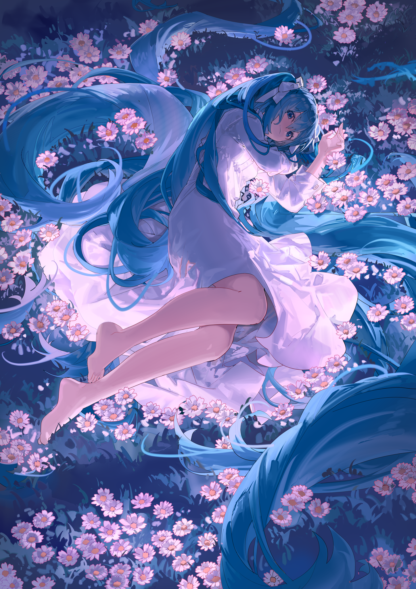 Anime 1447x2046 anime Pixiv anime girls Vocaloid Hatsune Miku flowers lying on side blue hair portrait display blue eyes twintails long hair dress looking at viewer lying down feet smiling barefoot Shuno (artist)
