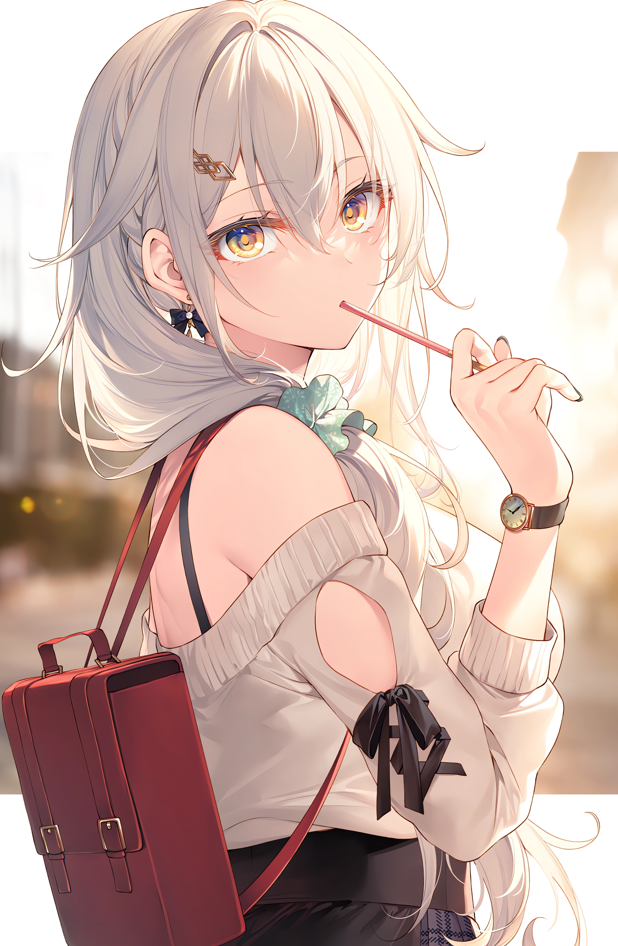 Anime 2044x3130 anime anime girls silver hair yellow eyes backpacks portrait display looking at viewer earring blurred blurry background braids sunlight watch sweater
