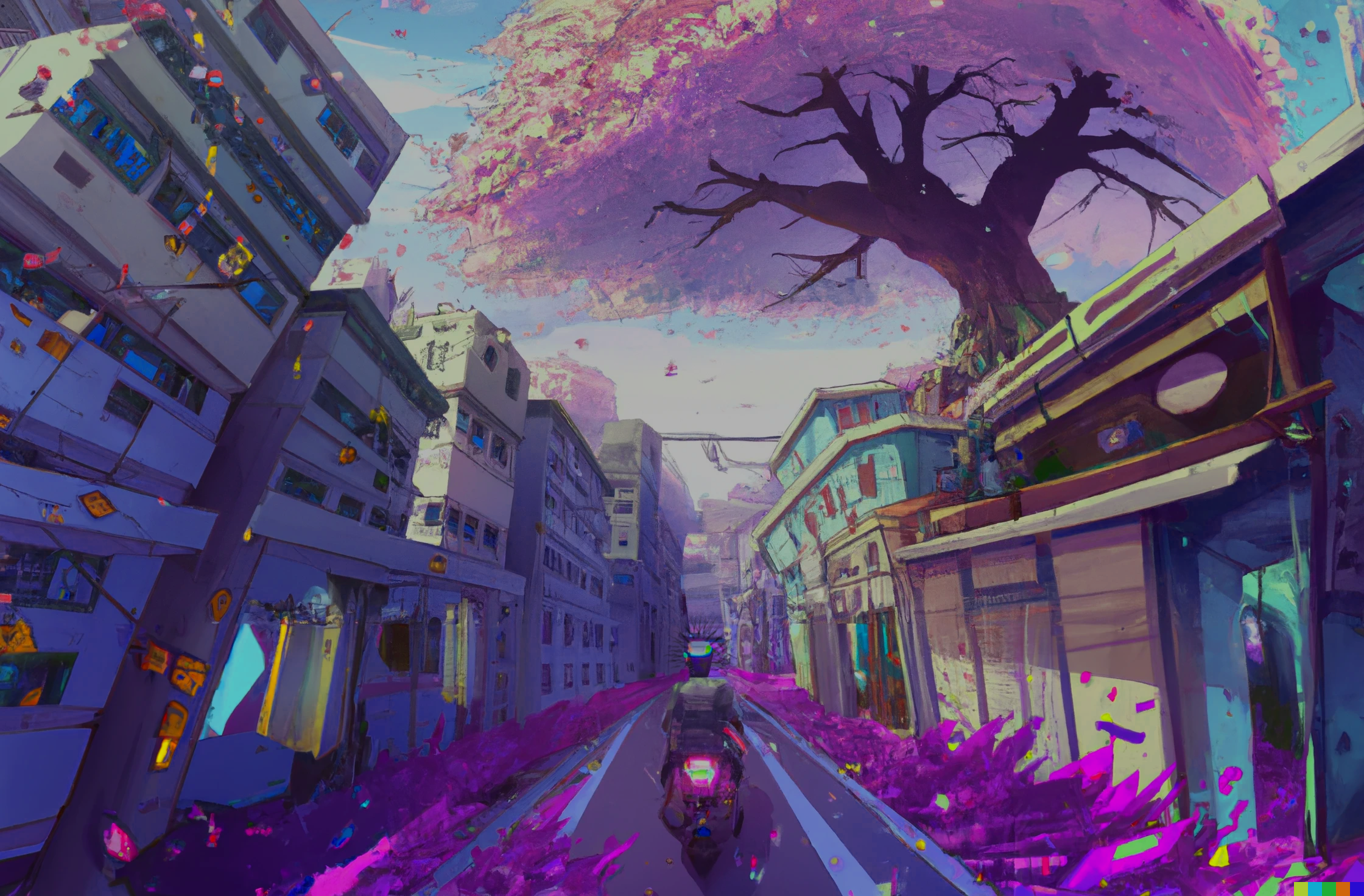 Anime 2240x1472 AI art cherry trees mopeds synthwave digital art calm sky street building
