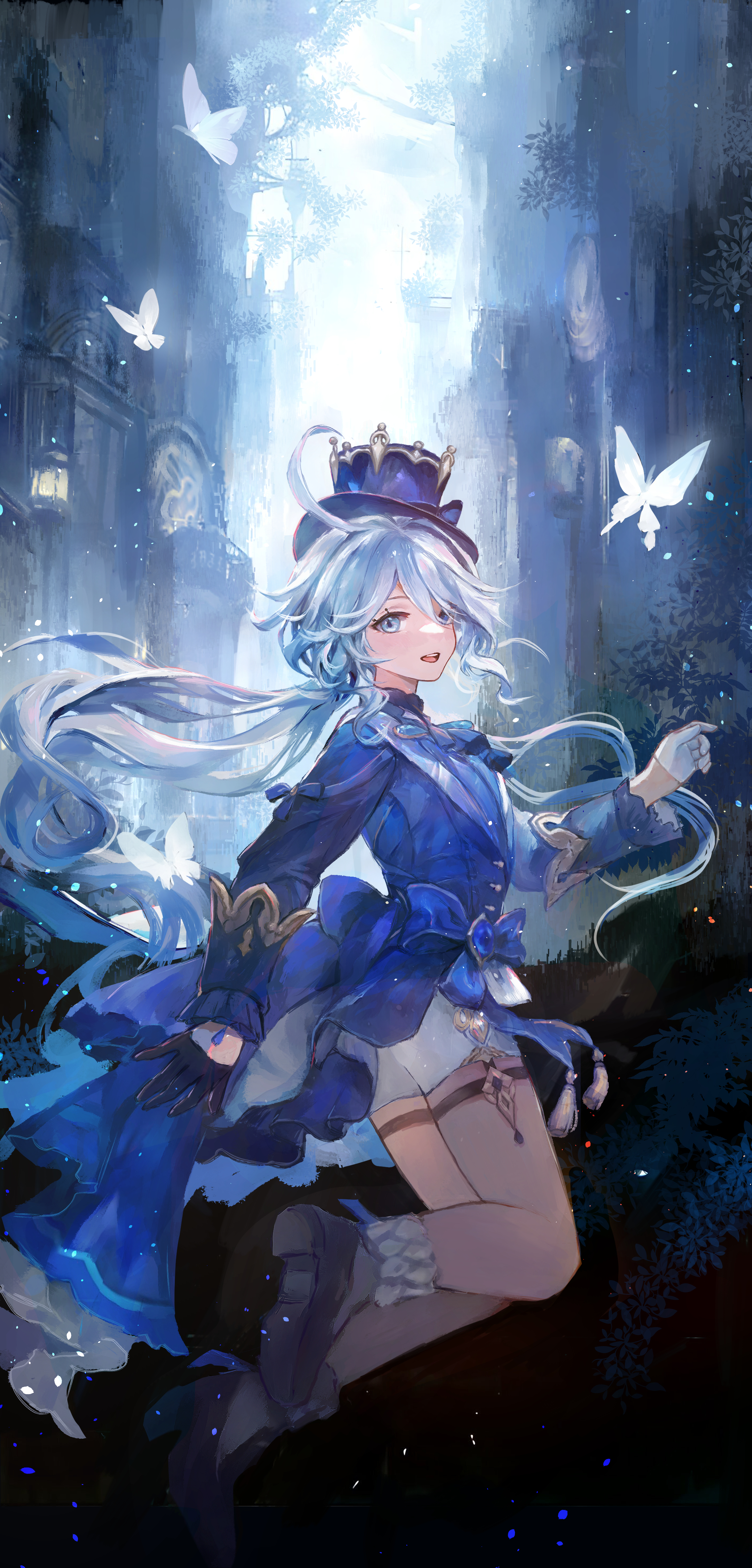 Anime 2160x4500 Genshin Impact artwork Furina (Genshin Impact) anime anime girls white hair blue eyes blue dress tie hat garter (cloth) water gloves knot socks butterfly portrait display looking at viewer insect open mouth long hair mismatched gloves top hat tailcoat