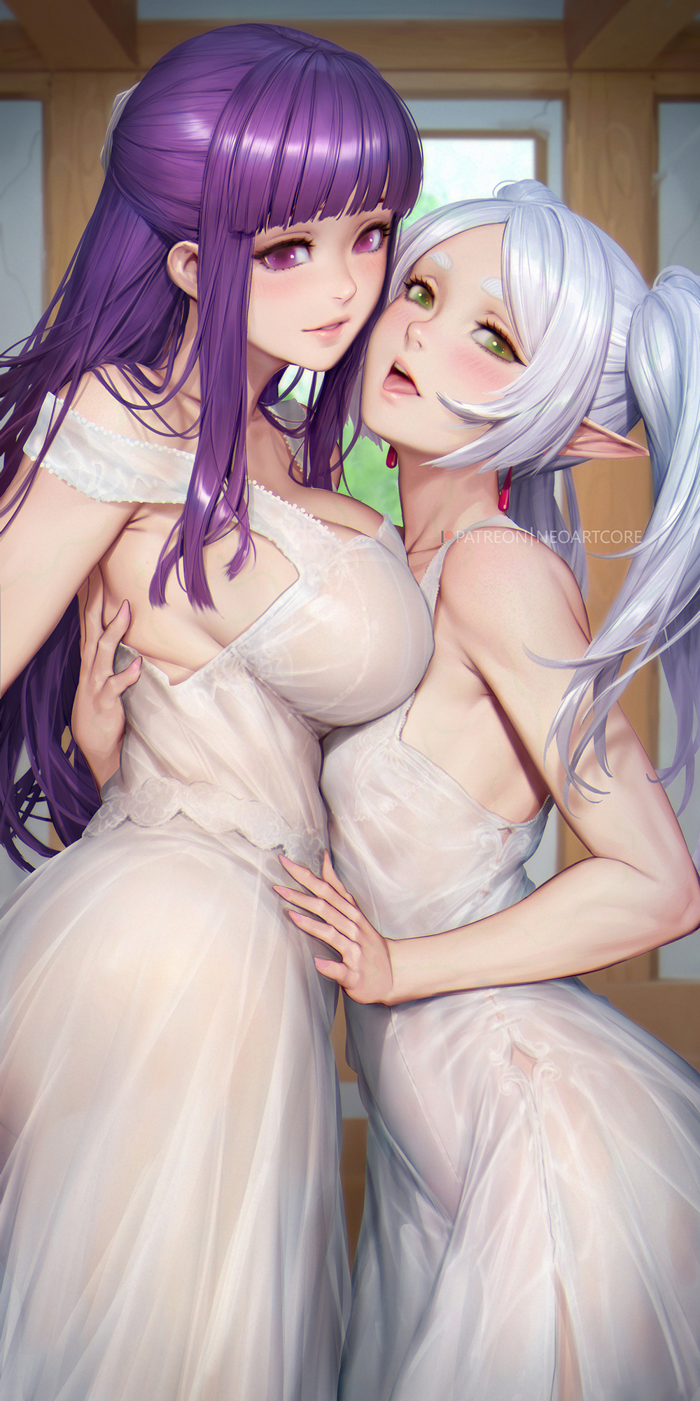 Anime 1000x2000 Sousou No Frieren dress portrait display anime girls Fern (Sousou No Frieren) pointy ears tongue out white dress huge breasts looking at viewer elves purple hair white hair long hair open mouth head tilt purple eyes green eyes cleavage hugging small boobs twintails sleeveless two women earring yuri NeoArtCorE (artist) see-through dress women indoors indoors watermarked Frieren