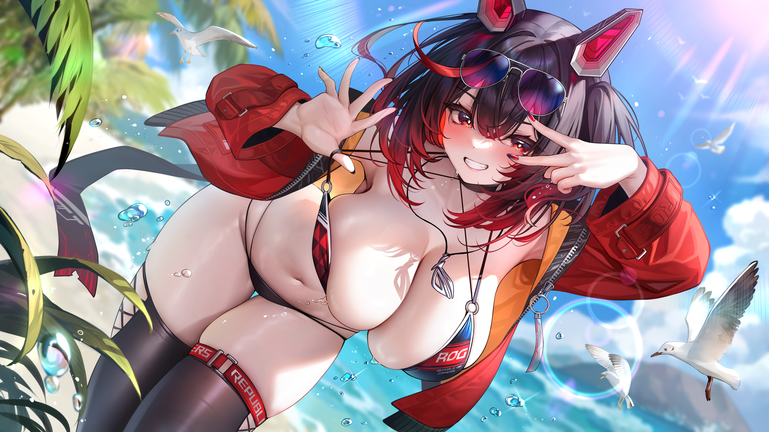 Anime 2560x1440 anime girls MeIoN Rog (VTuber) bikini swimwear garter (cloth) open shirt thigh-highs wet beach seagulls animal ears two tone hair looking at viewer smiling outdoors women outdoors birds animals sky clouds gradient hair stockings water drops blushing depth of field water waves sand women on beach sunlight hanging boobs jacket huge breasts thighs pulling clothing bent over long nails sunglasses peace sign