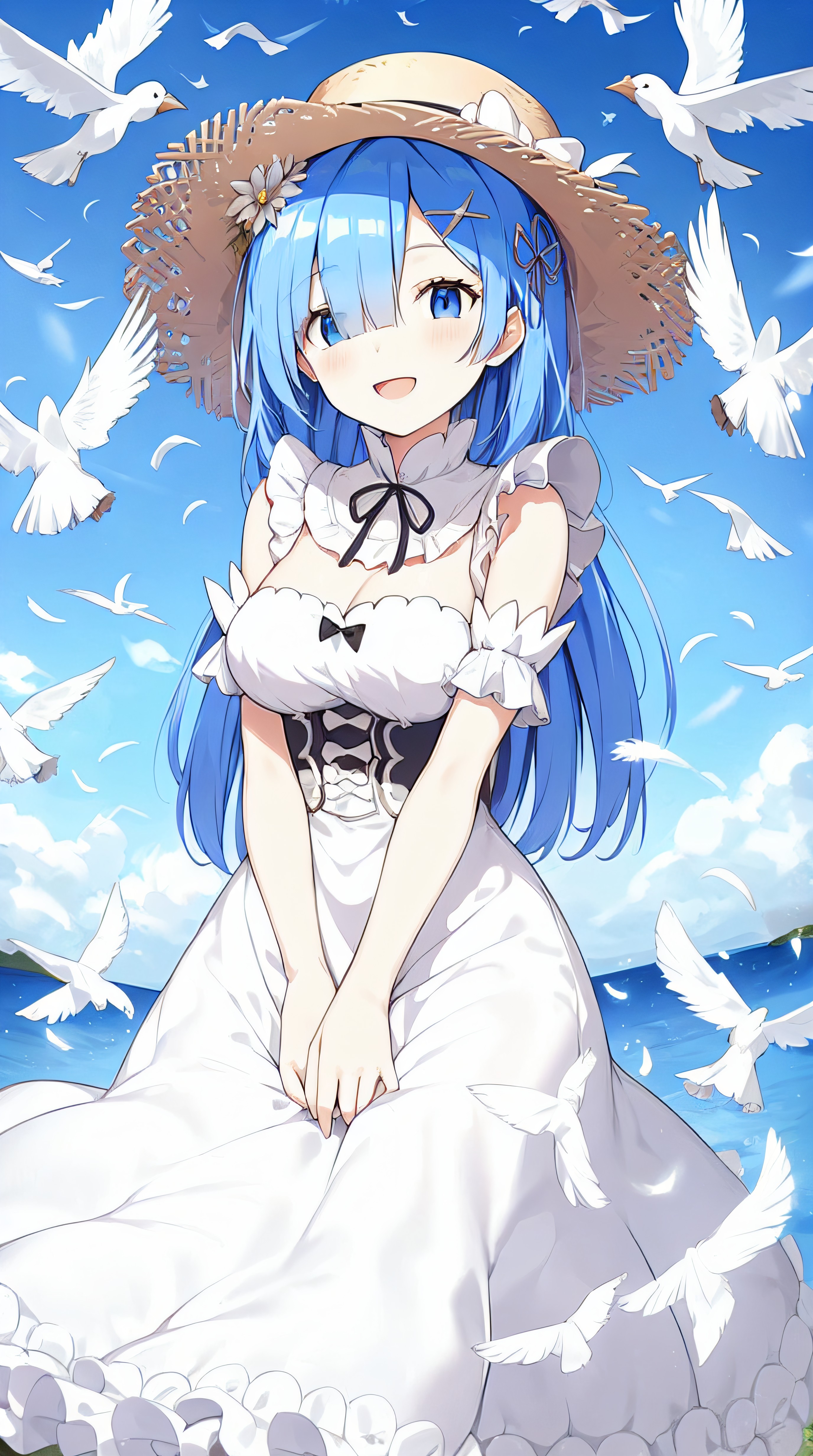 Anime 2752x4928 AI art anime girls long hair blue hair birds maid outfit big boobs looking at viewer Re:Zero Kara Hajimeru Isekai Seikatsu Rem (Re:Zero) straw hat blue eyes portrait display animals water frills open mouth smiling hair over one eye cleavage bare shoulders wind