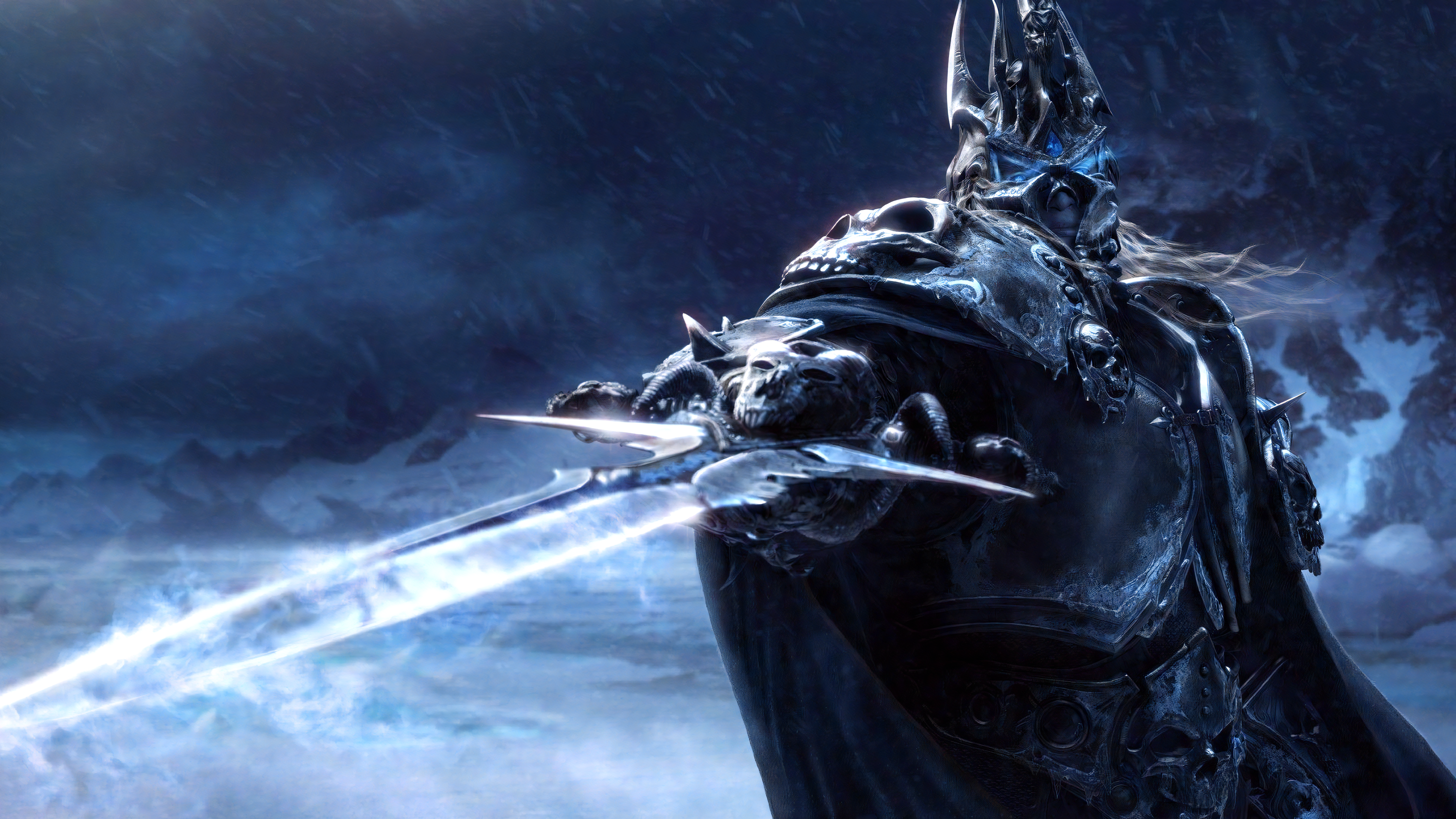 General 3840x2160 World of Warcraft: Wrath of the Lich King Blizzard Entertainment digital art upscaled Arthas Menethil Lich King World of Warcraft rain sword glowing eyes video game characters video game art armor video games wind