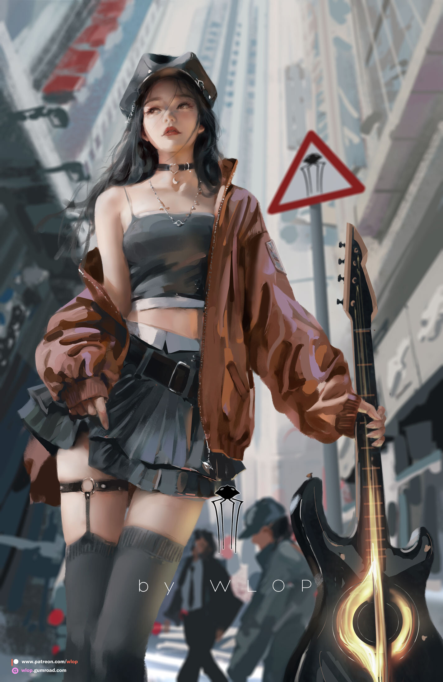 General 1424x2192 drawing hat open jacket guitar city skirt model portrait display women looking away long hair choker necklace musical instrument stockings standing building WLOP watermarked