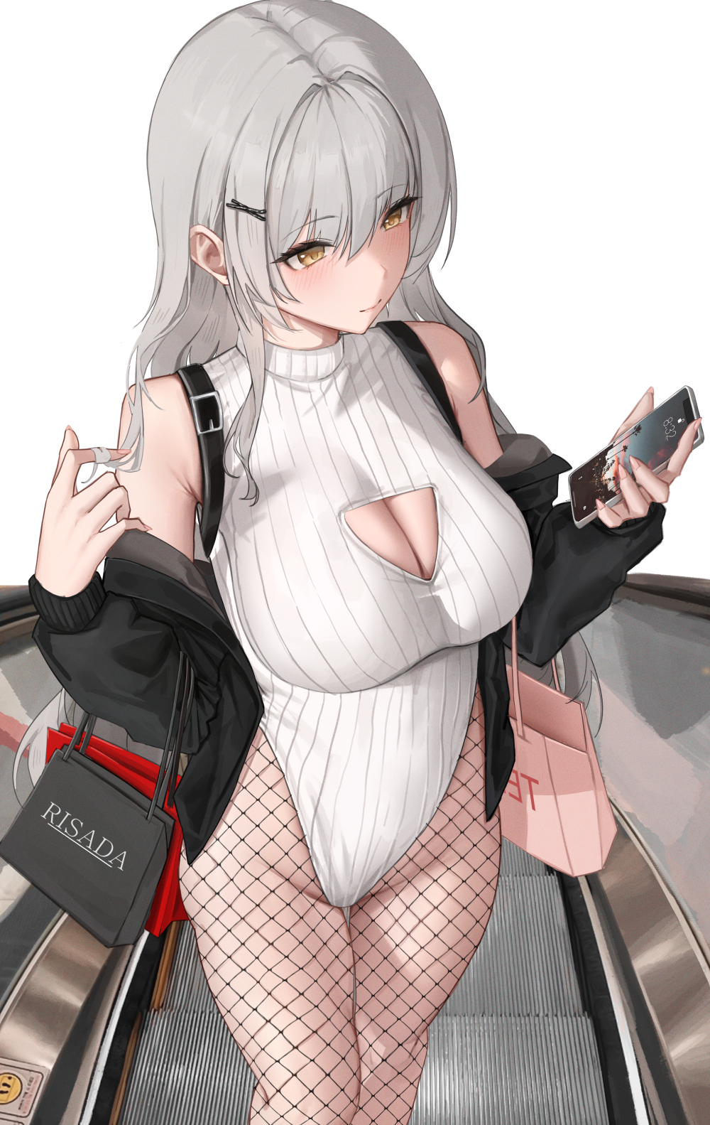 Anime 1000x1583 anime girls yellow eyes portrait display cleavage shopping bags big boobs standing escalator phone long hair cleavage cutout smiling blushing gray hair bare shoulders jacket white background fishnet