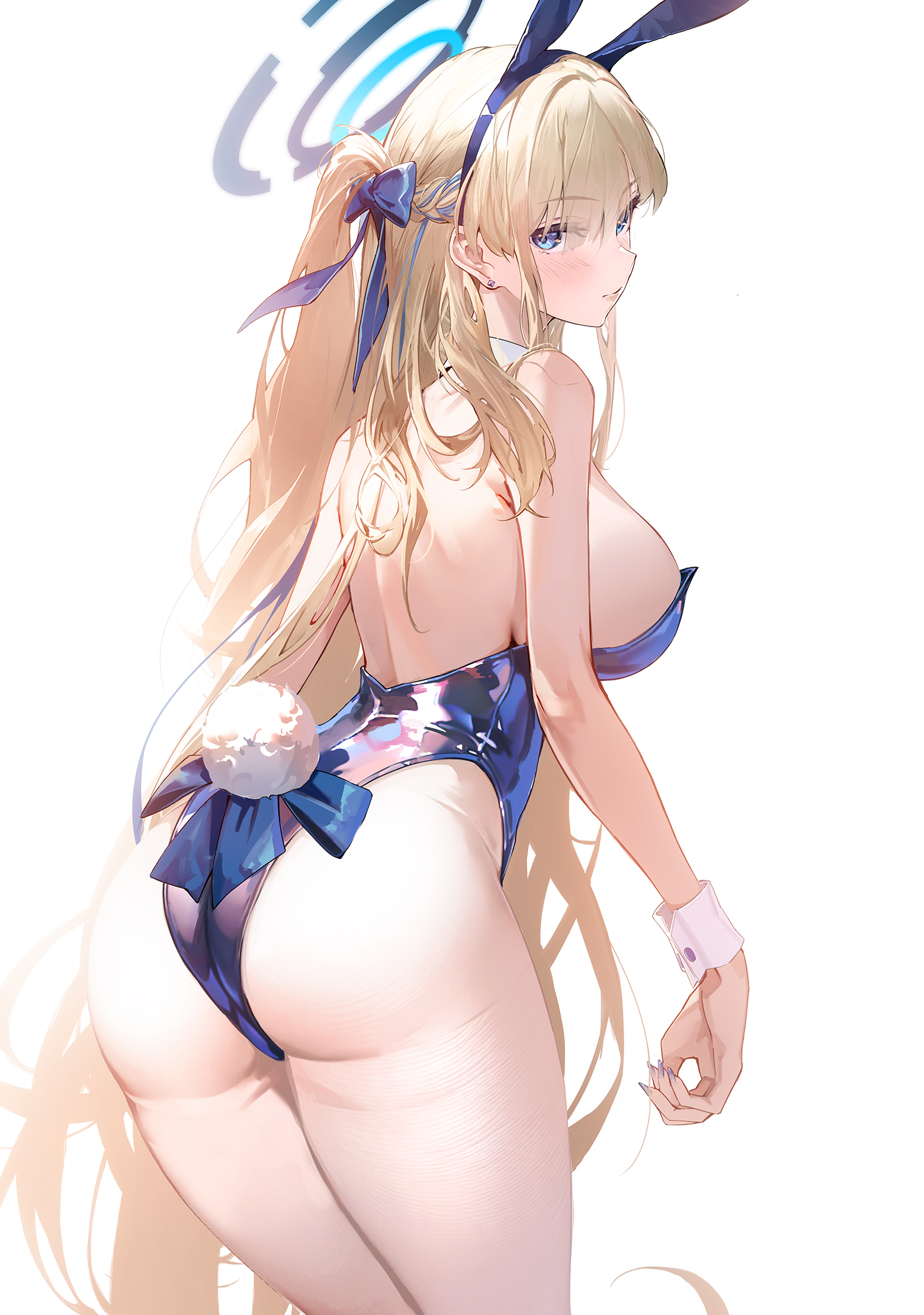 Anime 1560x2219 anime anime girls Asuma Toki (Blue Archive) portrait display sideboob huge breasts Blue Archive simple background ass white background blonde minimalism arched back looking at viewer standing looking back bunny tail bunny suit bunny ears blushing bareback leotard blue leotard animal ears pantyhose white pantyhose rear view Drive Shot ponytail wrist cuffs bare shoulders