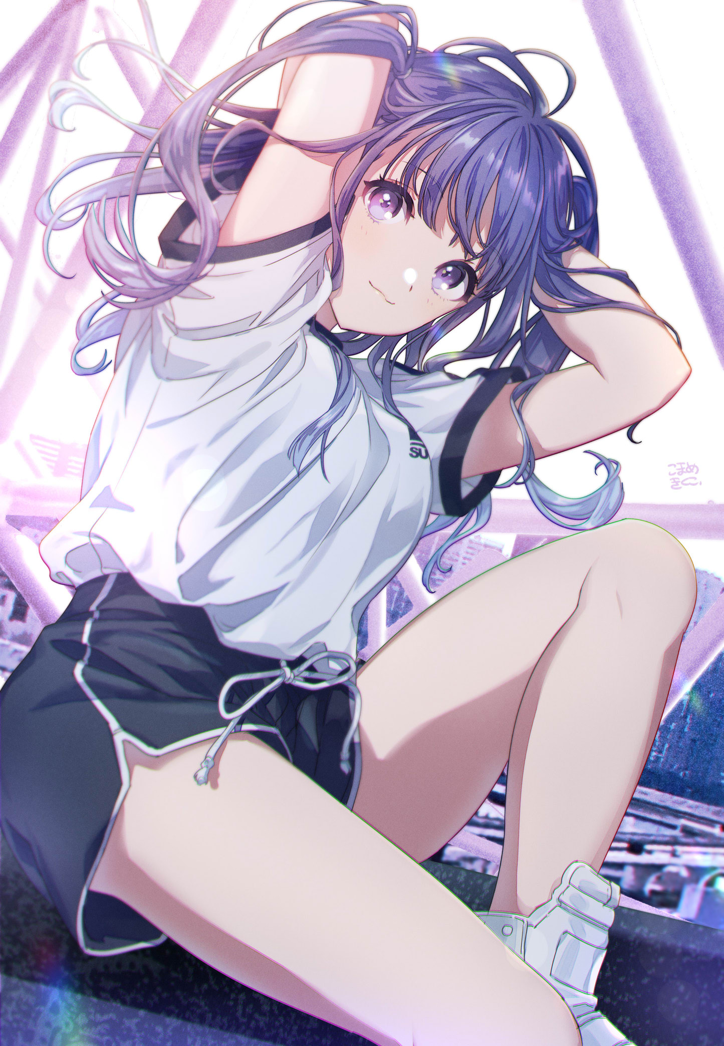 Anime 1445x2086 anime anime girls Pixiv original characters portrait display long hair looking at viewer smiling short shorts sunlight sitting arms up hand(s) in hair shoes gym clothes