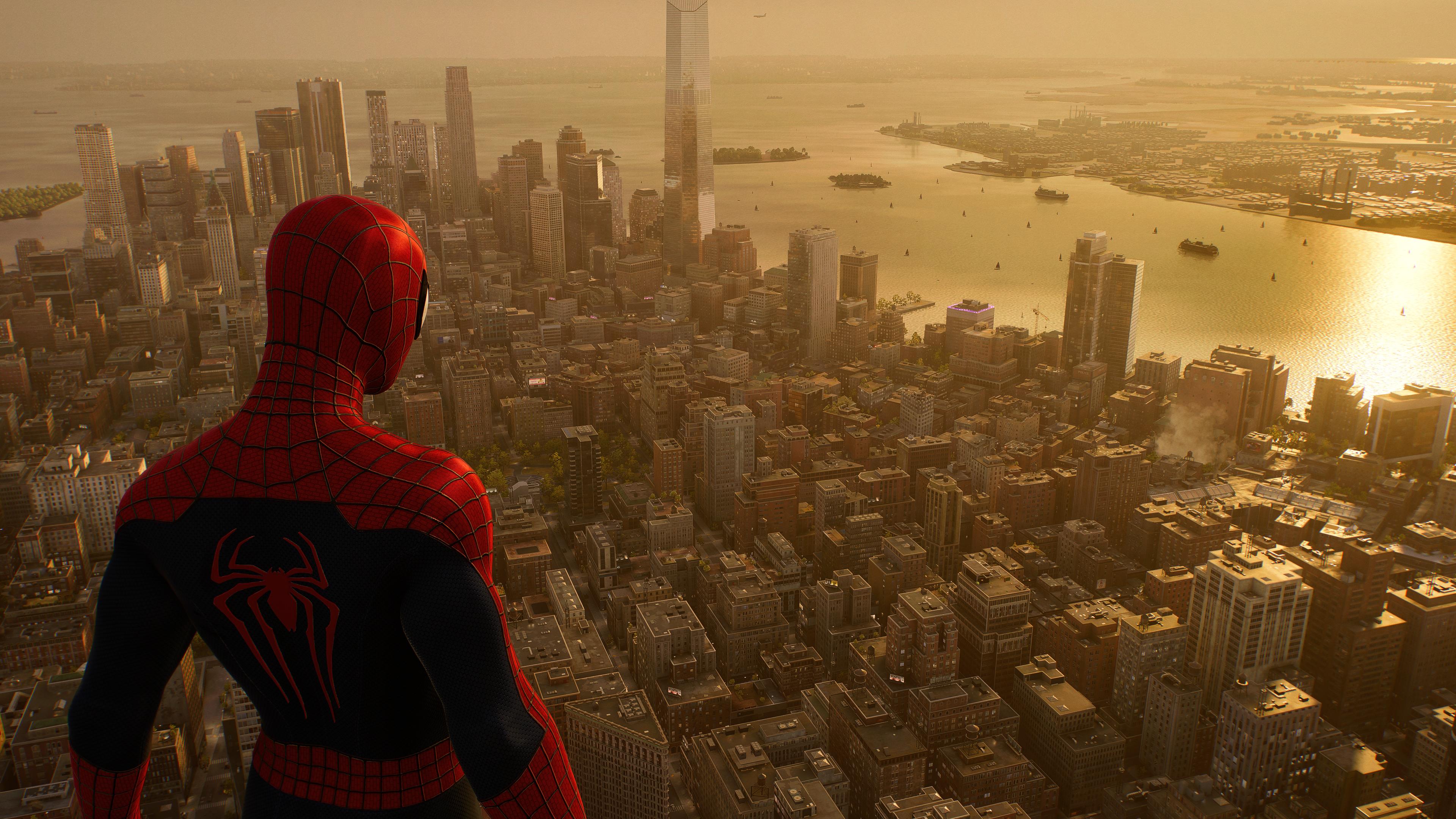 General 3840x2160 Playstation 5 Spider-Man 2 video games Peter Parker video game characters CGI video game art screen shot sunset sunset glow standing bodysuit water building city skyscraper sunlight cityscape superhero looking into the distance