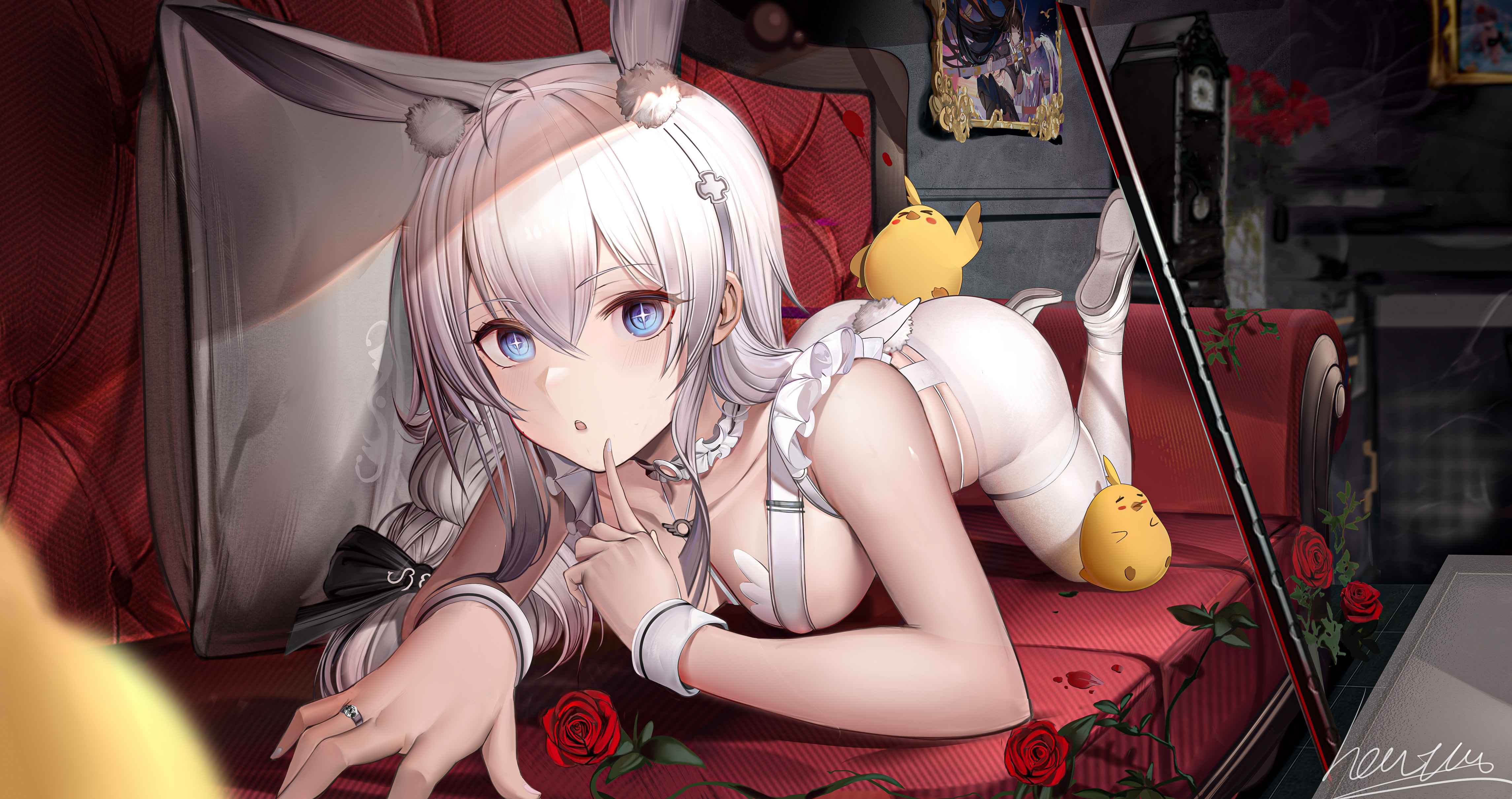 Anime 4581x2420 Le Malin (Azur Lane) anime bunny suit couch rose Manjuu (Azur Lane) Azur Lane anime girls lying down lying on front signature bunny ears bunny tail long hair blue eyes star eyes indoors women indoors bent over boobs