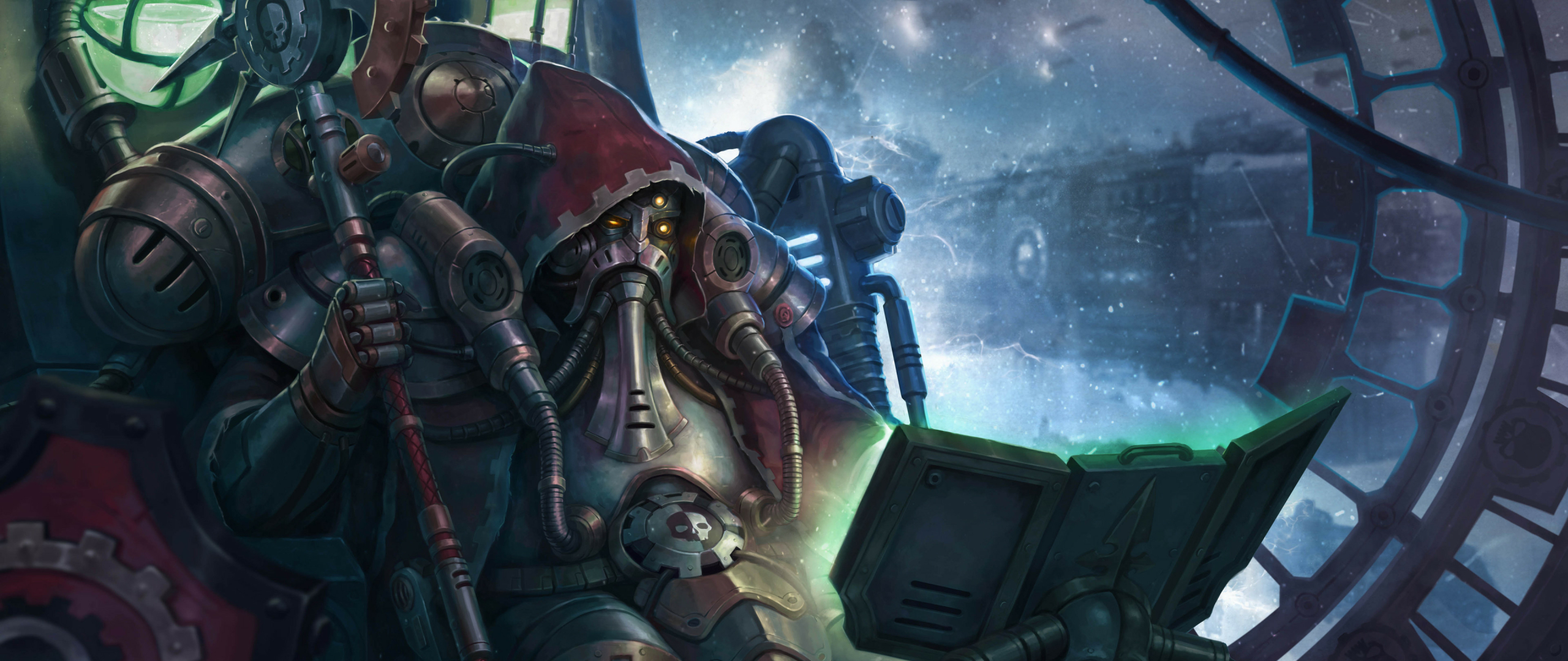 General 2560x1080 Warhammer 30,000 Warhammer 40,000 Warhammer space marines science fiction technology space Adeptus Mechanicus spaceship cyborg robot robotic staff armor video games video game characters