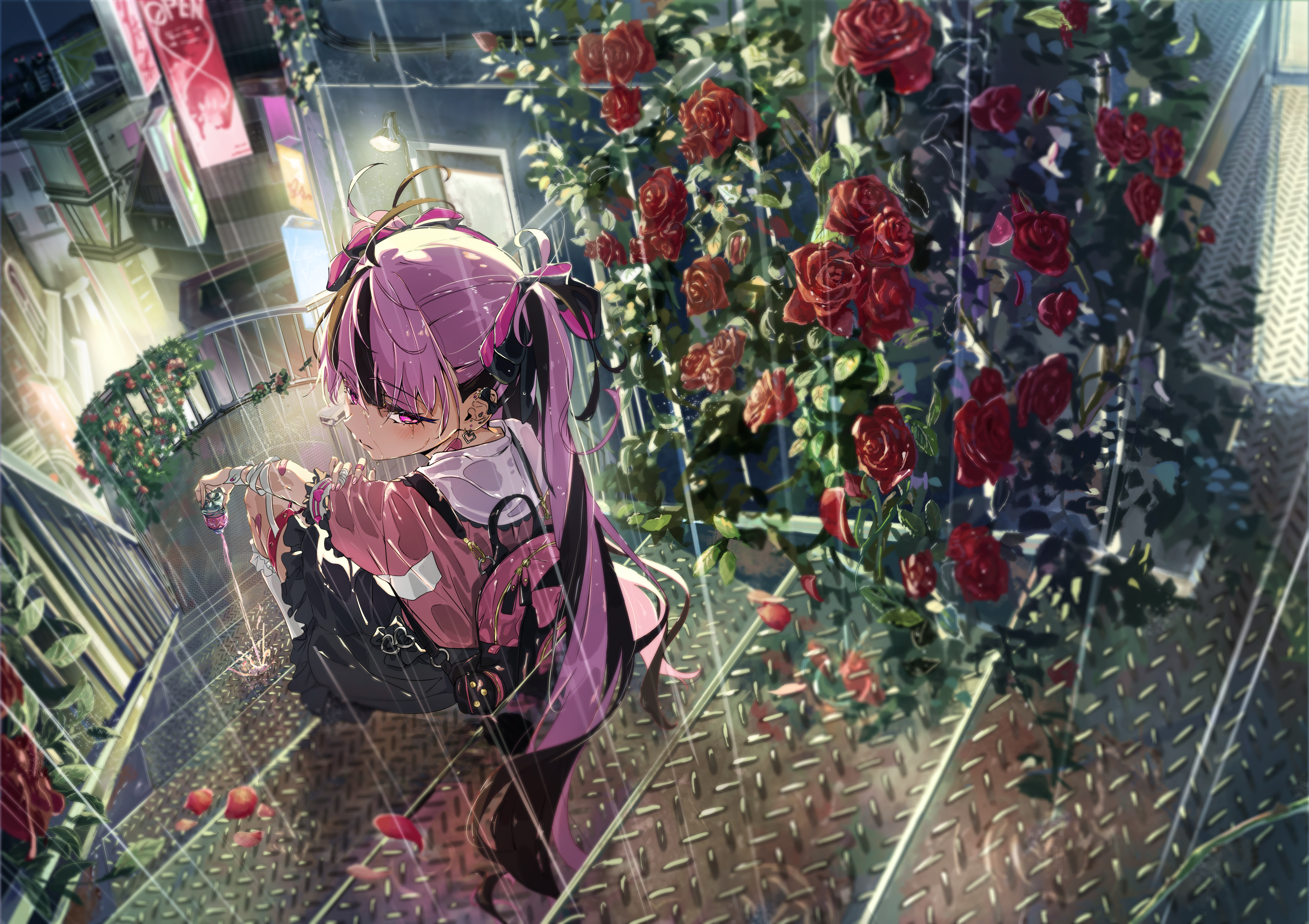 Anime 5016x3541 high angle wet clothing two tone hair red flowers rain women outdoors rose stairs city city lights bandage hair ornament petals pink hair wet hair pouring backpacks hair bows twintails sitting pierced ear Band-Aid blushing NaMiKimiki leaves pink eyes long hair wet looking back cityscape night