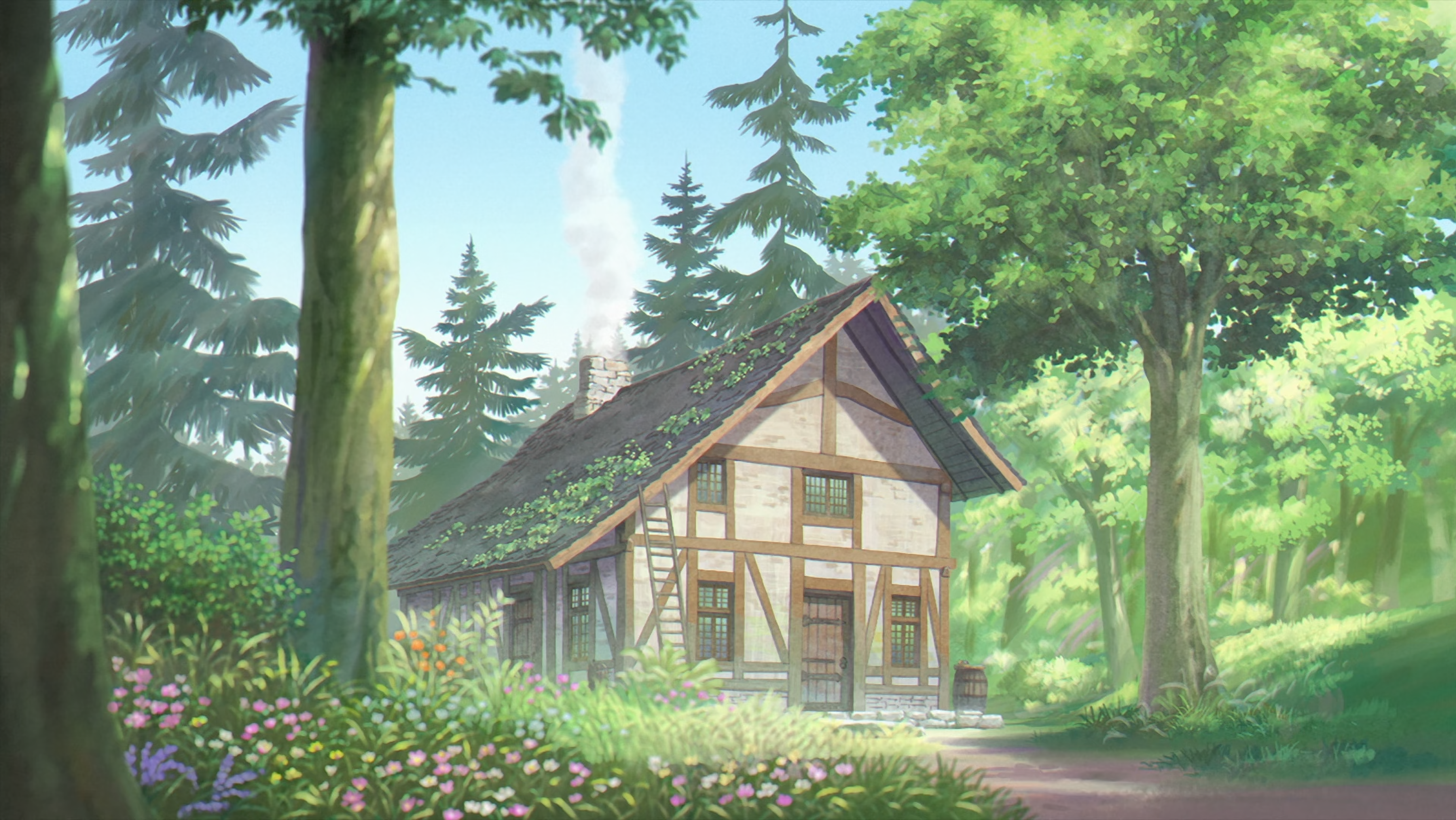 Anime 3070x1728 Sousou No Frieren anime Anime screenshot trees house sky door window green leaves flowers