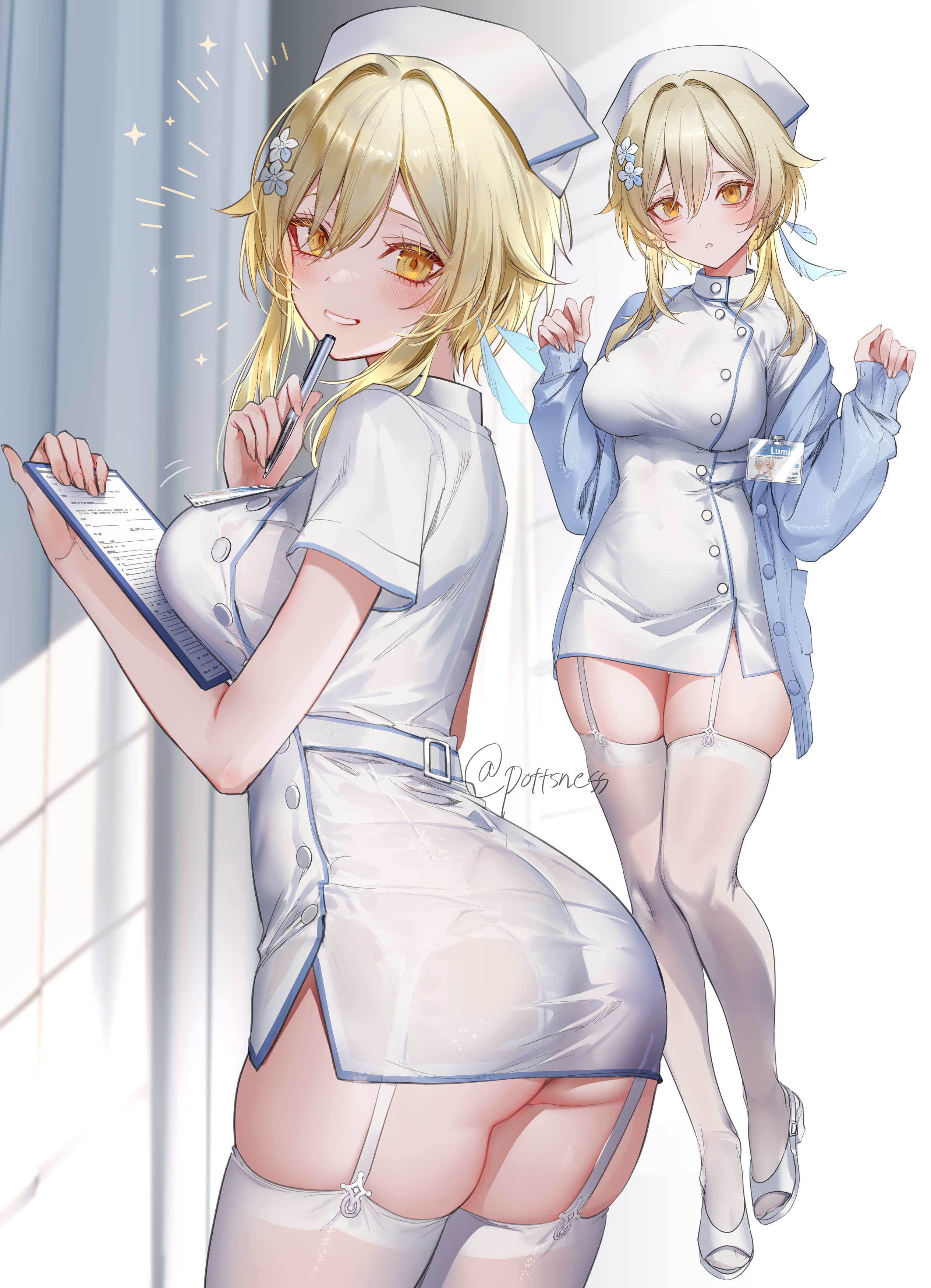 Anime 2530x3500 Genshin Impact nurses portrait display anime girls Lumine (Genshin Impact) looking at viewer blonde clipboards yellow eyes big boobs watermarked stockings white stockings garter straps smiling parted lips open jacket blue jacket long hair Pottsness white shoes flower in hair headdress ass white thigh highs pens hair ornament