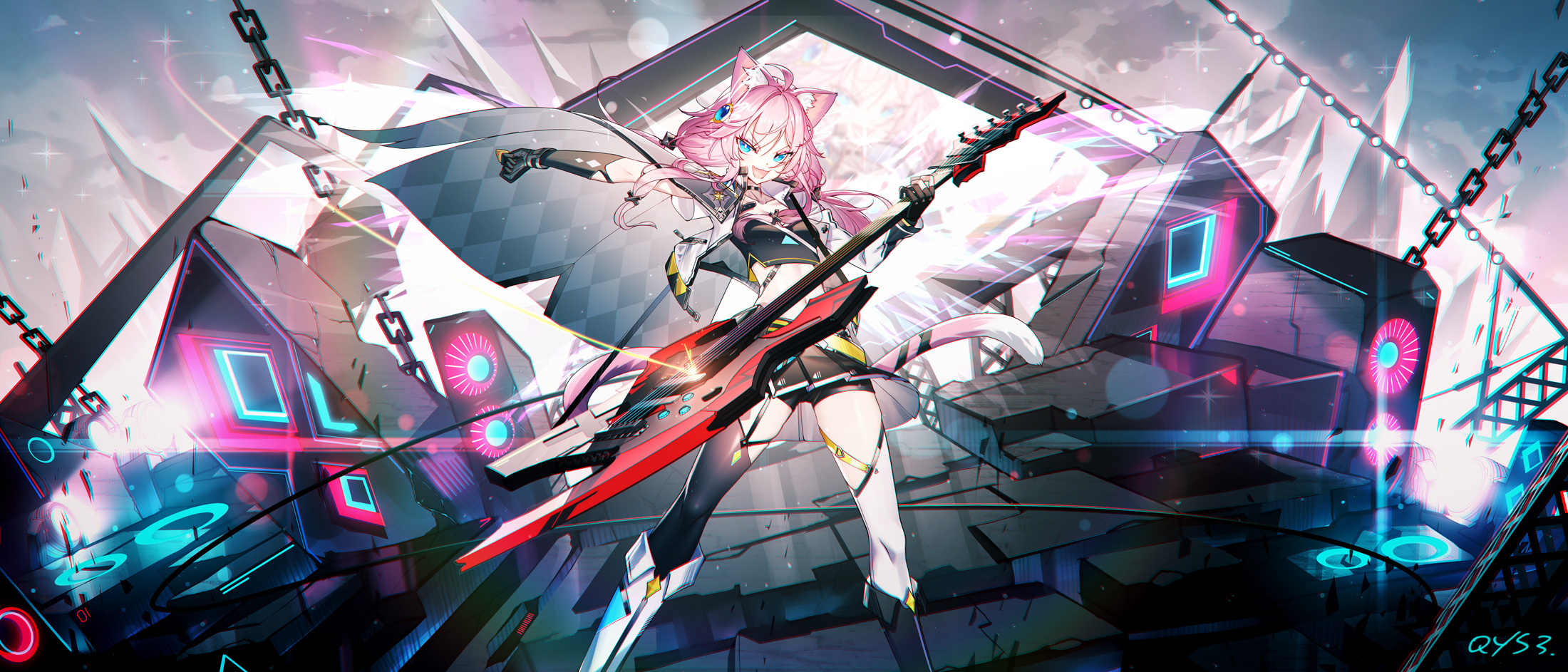 Anime 2200x943 anime anime girls sound system speakers pink hair chains electric guitar guitar Bai Yemeng plectrum cat girl cat ears cat tail blue eyes open mouth choker musical instrument stars