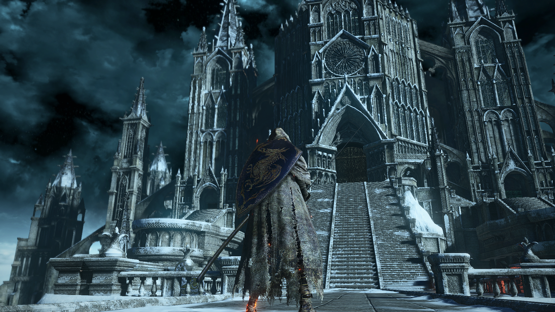 General 1920x1080 Dark Souls Dark Souls III From Software Anor Londo video game characters CGI video game art shield video games standing castle clouds sky stairs architecture screen shot