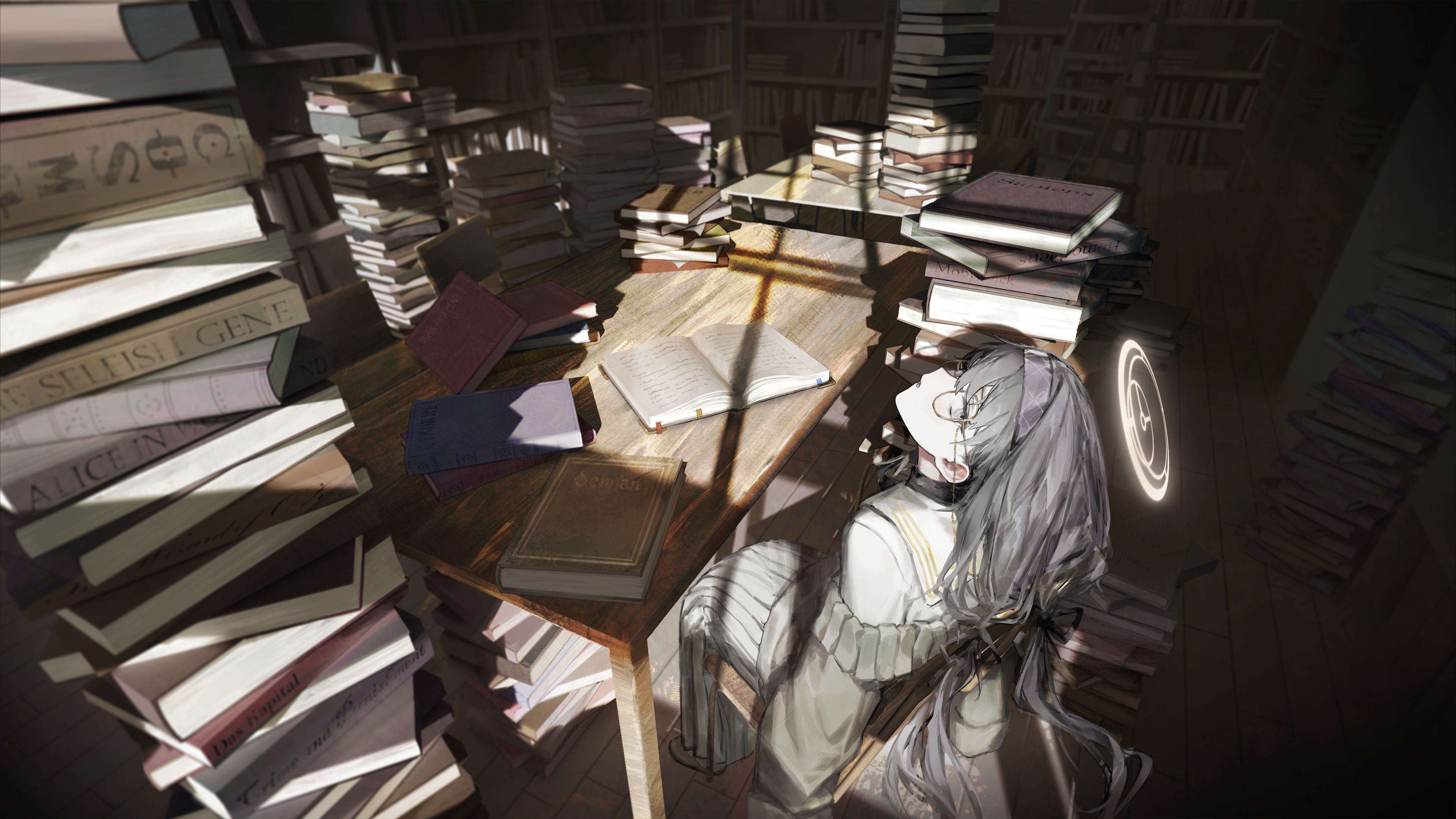 Anime 3840x2160 anime anime girls library books table sitting wooden table sunlight looking at viewer glasses halo ui (blue archive) long hair Blue Archive interior indoors women indoors bookshelves twintails chair headband schoolgirl school uniform