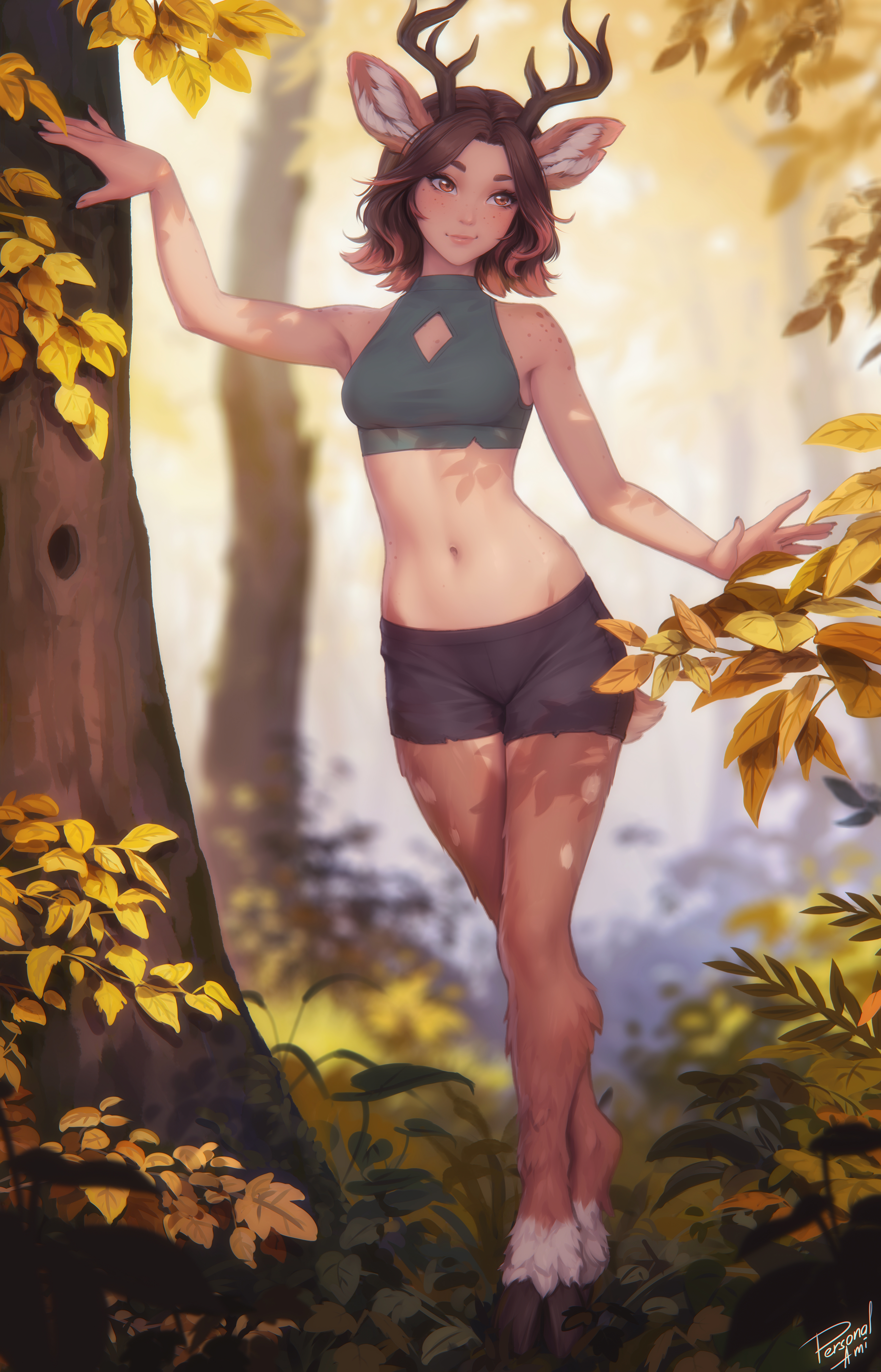 Anime 4500x7000 original characters anime anime girls fantasy girl artwork drawing Personal ami portrait display signature outdoors women outdoors trees leaves antlers sunlight standing smiling closed mouth short hair digital art two tone hair gradient hair looking away animal ears