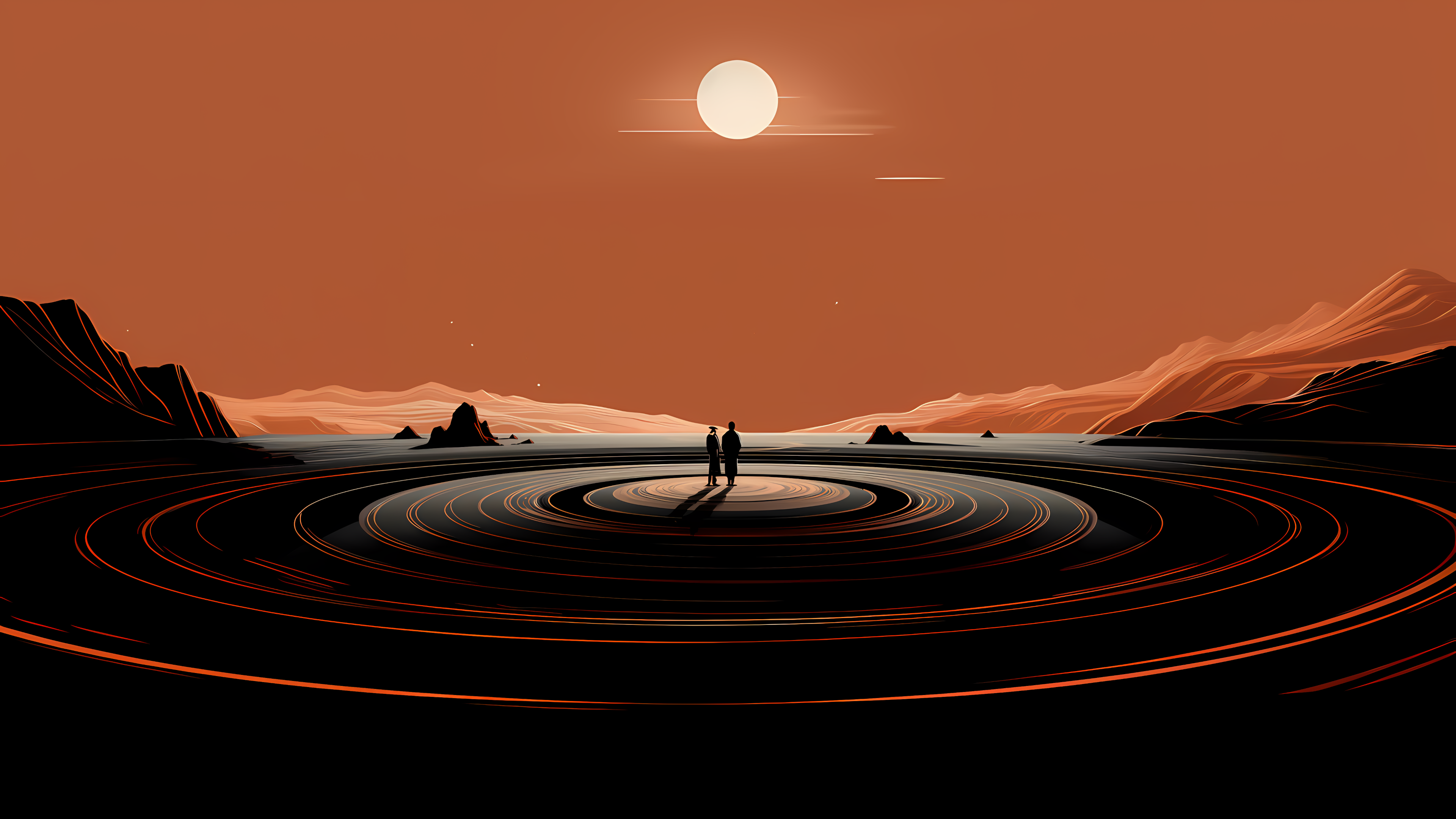 General 3840x2160 AI art desolate orange sky concentric Dune (series) Sun Mars digital art standing minimalism
