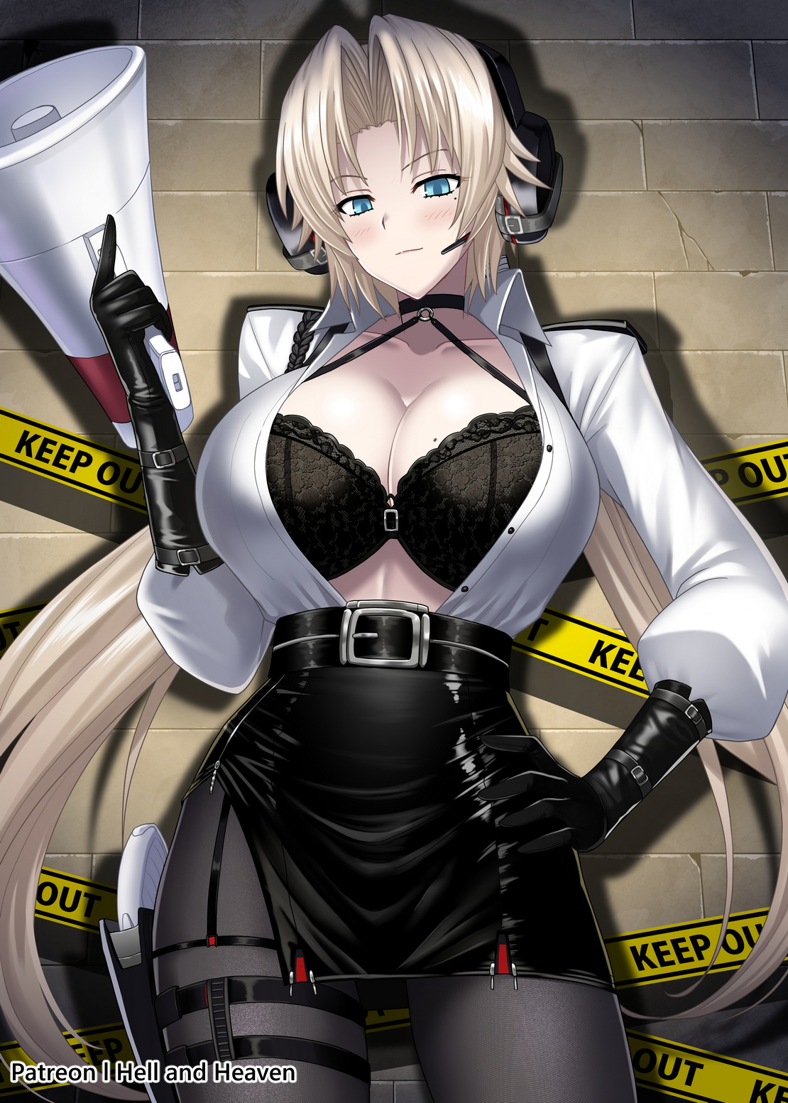 Anime 1110x1553 video game girls blonde huge breasts cleavage open shirt blue eyes long hair anime girls skirt bra smiling watermarked moles blushing mole on breast looking at viewer standing portrait display headsets mole under eye big boobs open clothes choker twintails hands on hips megaphones