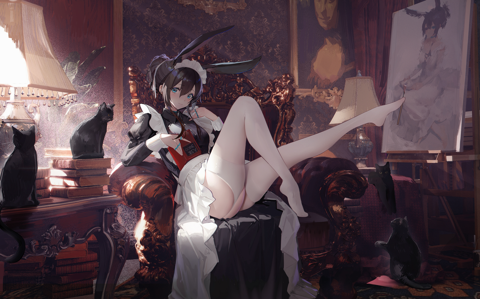 Anime 1670x1040 Arknights maid outfit looking at viewer maid Amiya (Arknights) sitting blue eyes animal ears bunny ears stockings garter straps animals white stockings cats women indoors books painting white apron Omone Hokoma Agm ass armchair black hair blushing hairbun thighs black cats