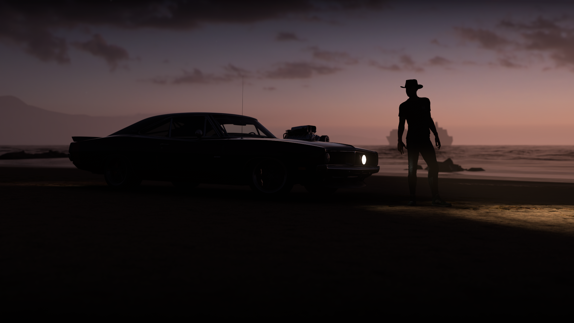 General 1920x1080 Forza Horizon 5 video games beach dark Dodge Charger Dodge American cars PlaygroundGames sky supercharger vehicle sunset sunset glow muscle cars clouds video game art CGI headlights