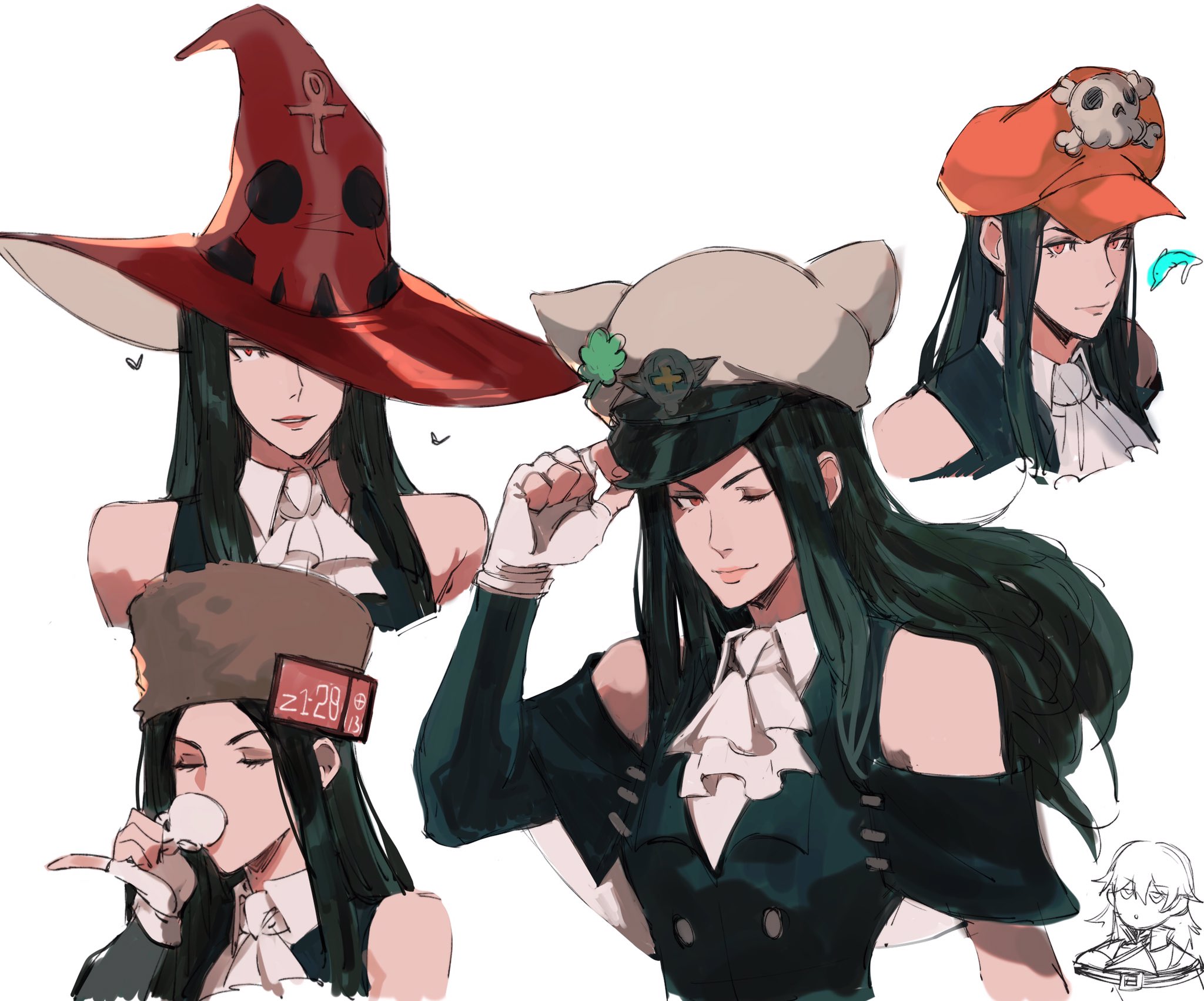 Anime 2048x1702 Guilty Gear Guilty gear strive Testament (guilty gear) Millia Rage fighting games Ramlethal Valentine cup I-No (Guilty Gear) drinking anime girls long hair one eye closed witch hat hat women with hats white background smiling