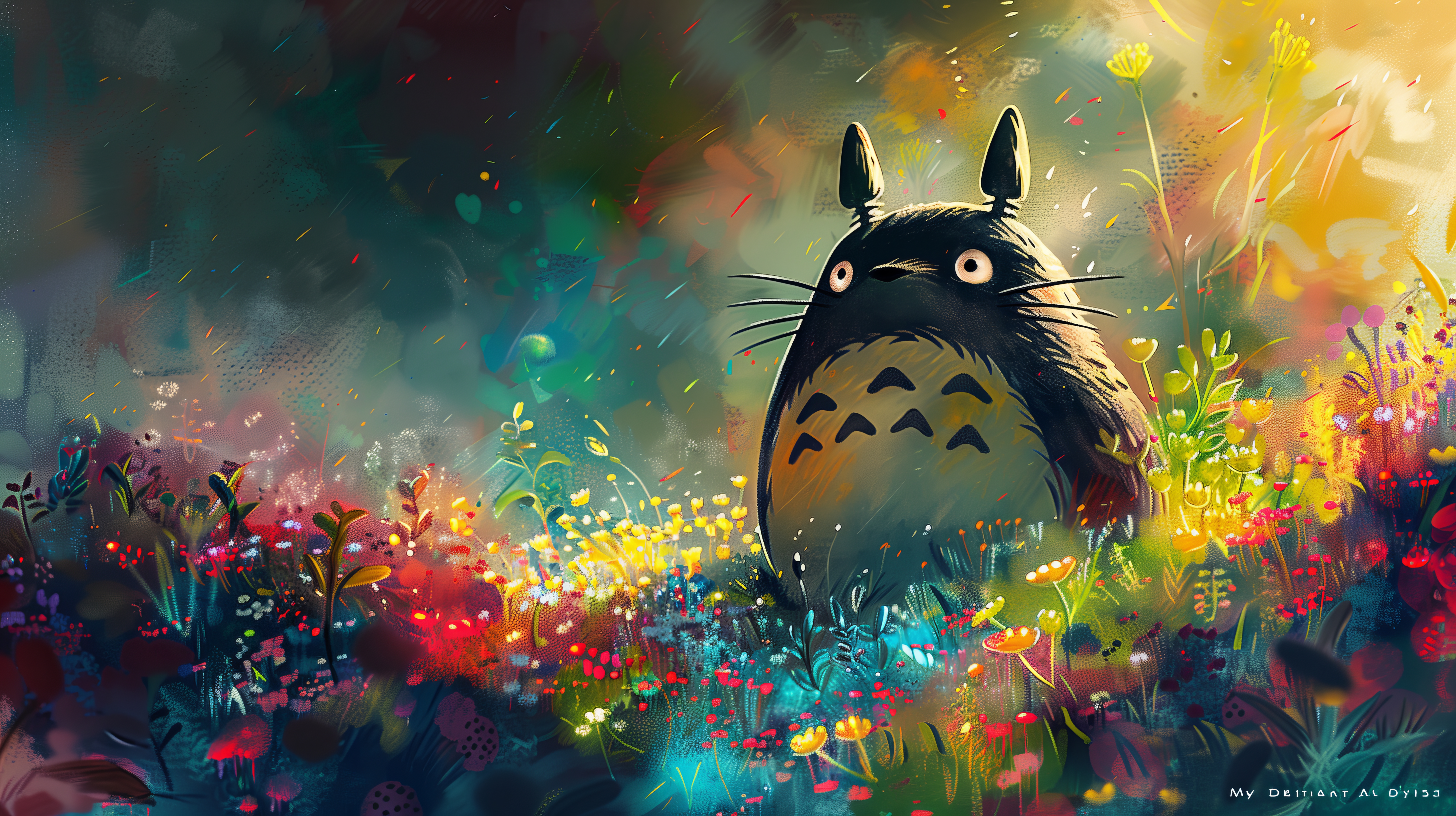 Anime 5824x3264 AI art colorful Totoro illustration Studio Ghibli anime plants sunlight whiskers creature