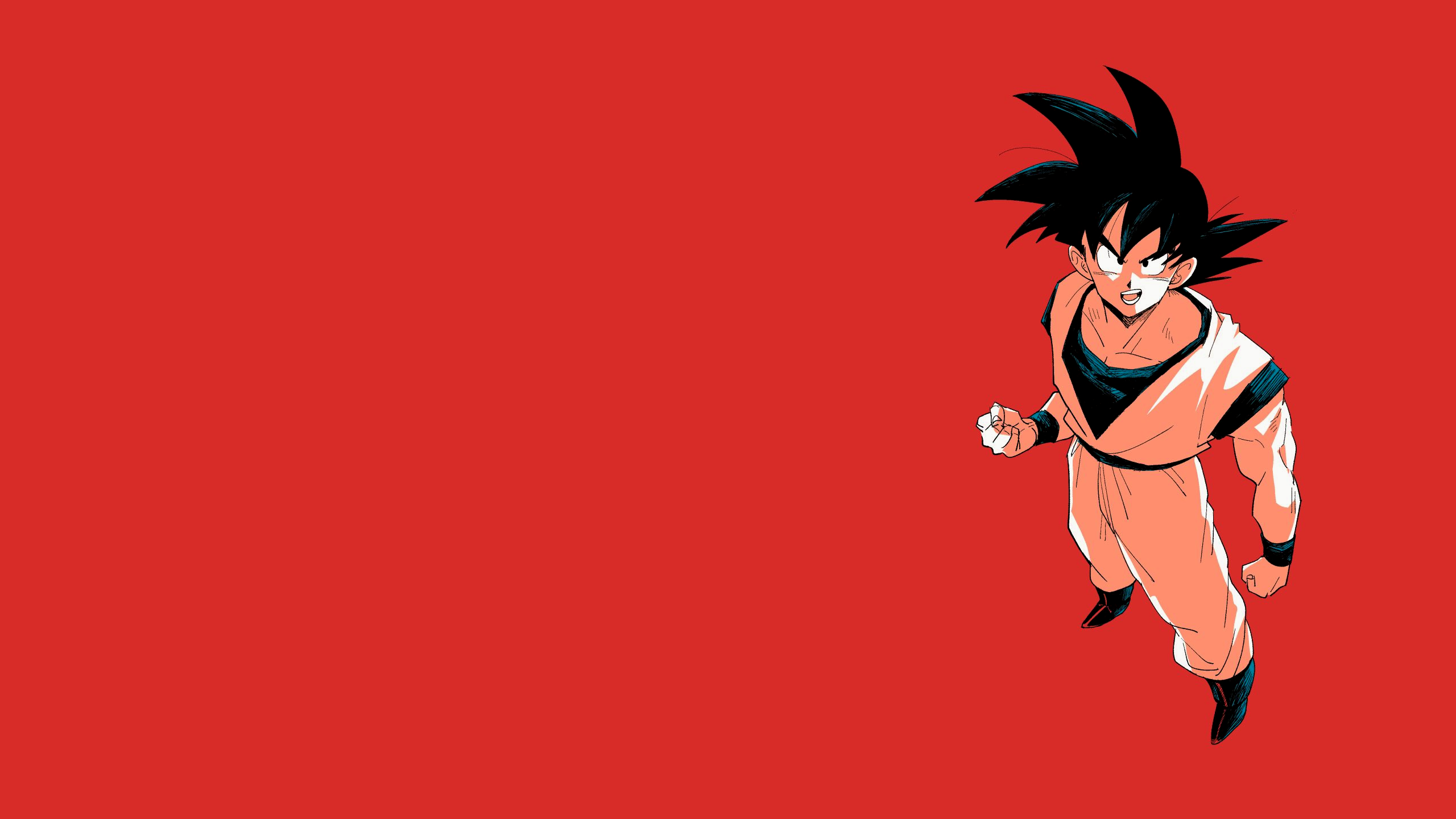 Anime 2560x1440 Son Goku Dragon Ball Dragon Ball Z saiyan black hair minimalism muscular martial arts anime boys anime looking at viewer looking up red background simple background fist