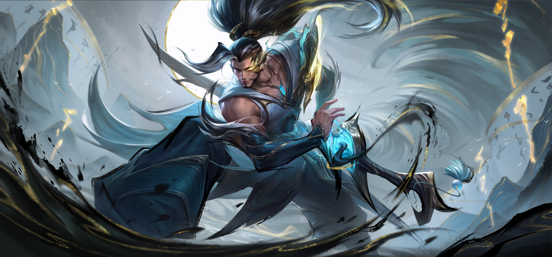 General 1920x894 Pandart Studio drawing Yasuo (League of Legends) samurai fighting katana League of Legends digital art video games video game characters sword men with swords beard video game men looking at viewer muscles long hair ponytail black hair closed mouth blue eyes fighting stance
