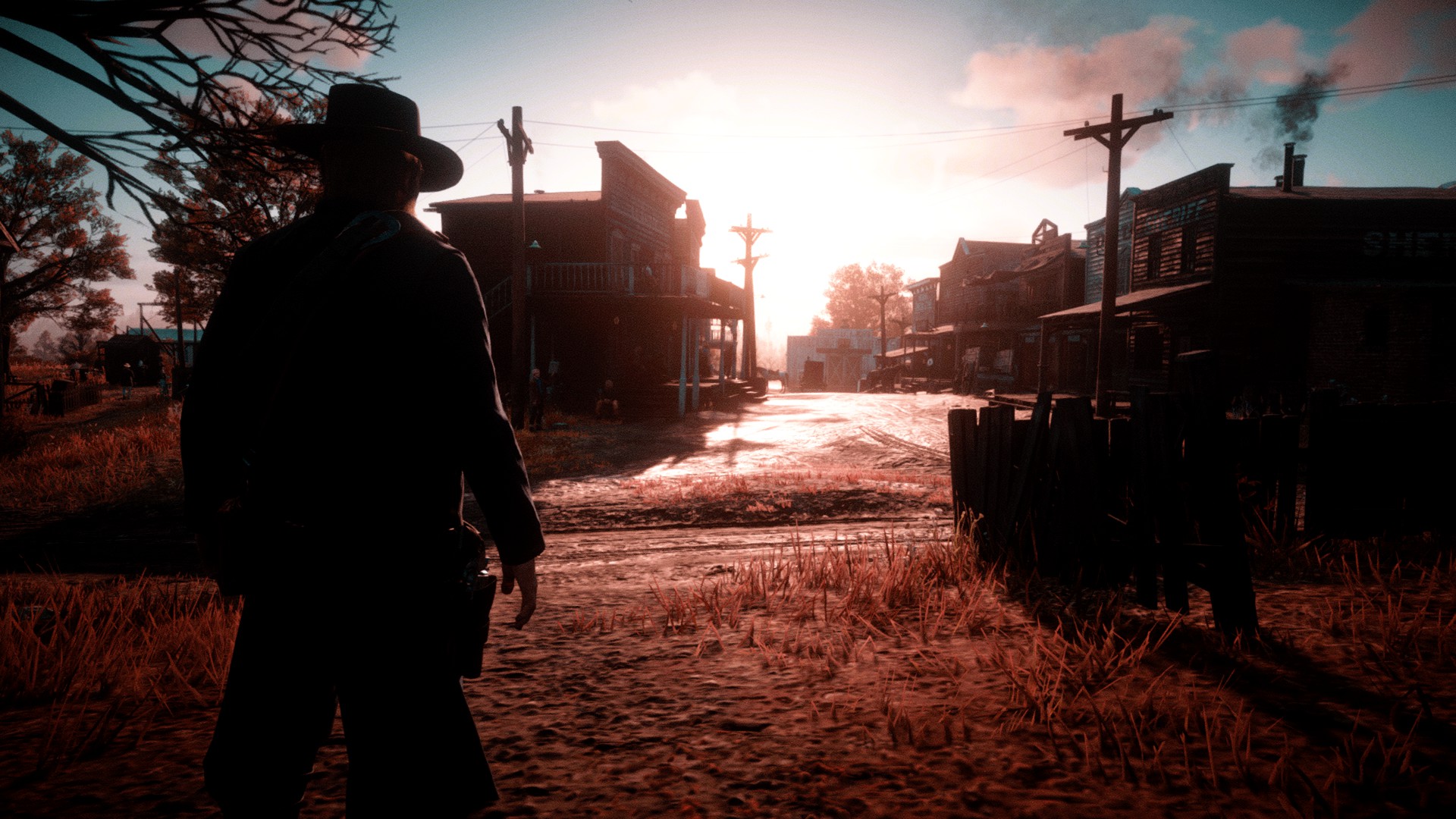 General 1920x1080 Red Dead Redemption 2 video game art silhouette digital art video games screen shot village video game characters CGI sky clouds sunlight cowboys cowboy hats hat men with hats power lines smoke trees standing looking away